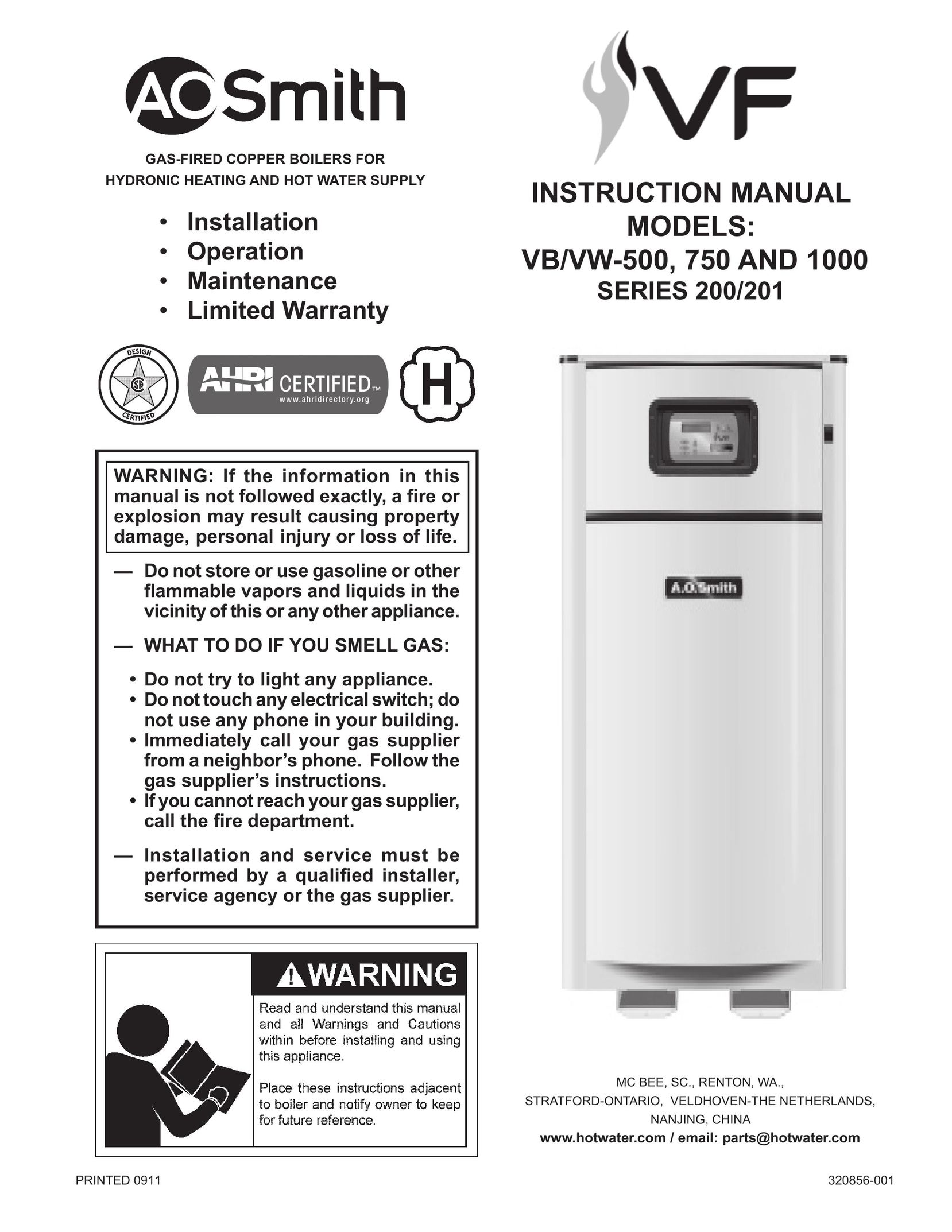 A.O. Smith VB/VW- 1000 Boiler User Manual