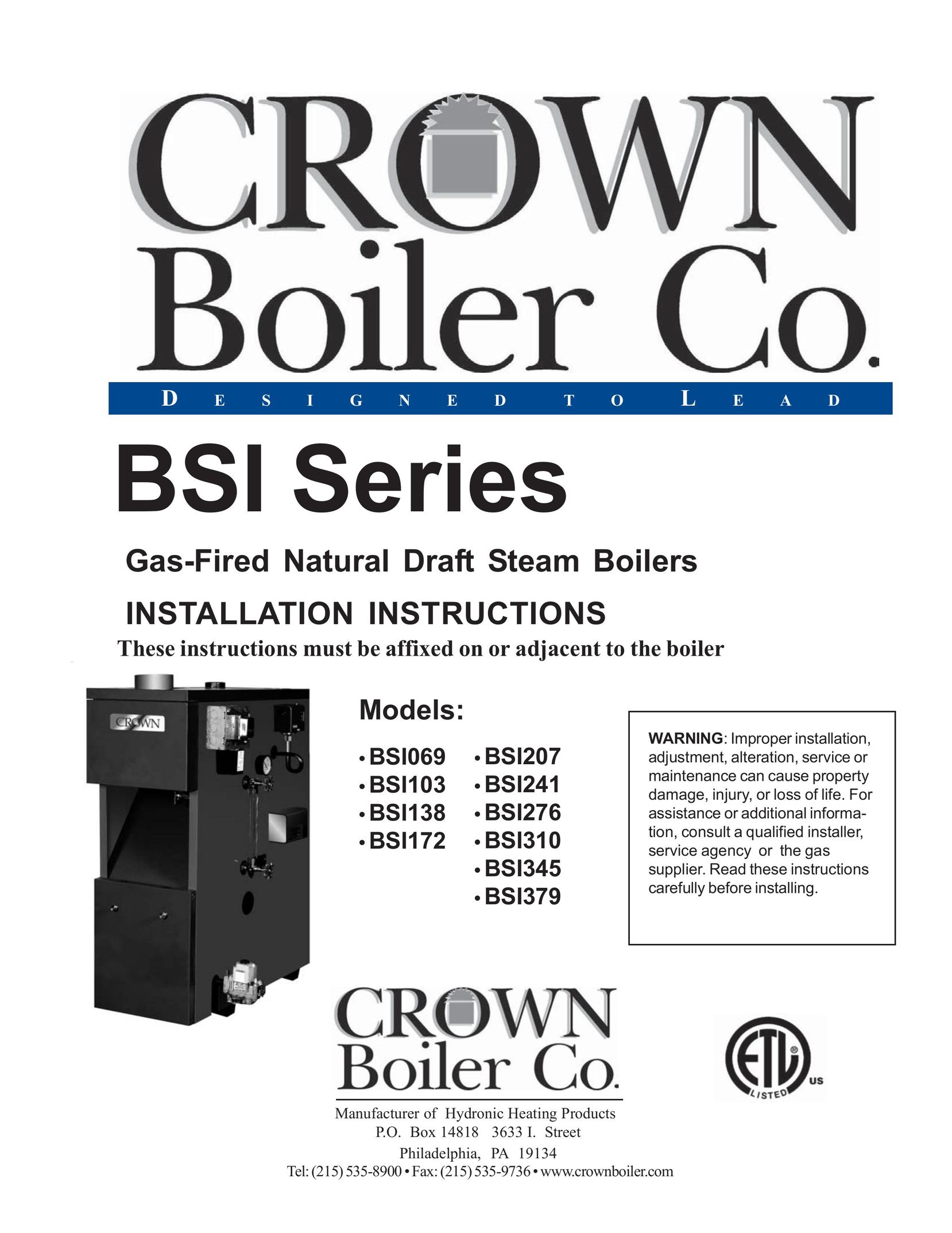 Crown Boiler BSI069 Boiler User Manual