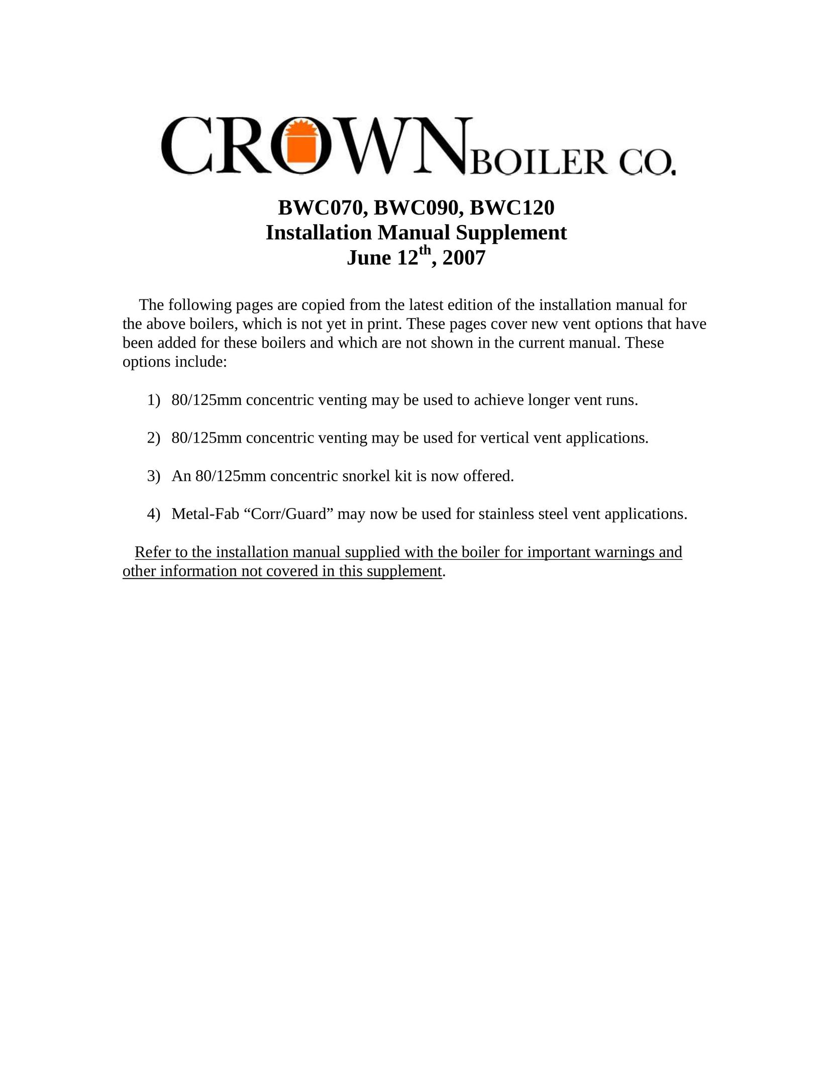 Crown Boiler BWC070 Boiler User Manual