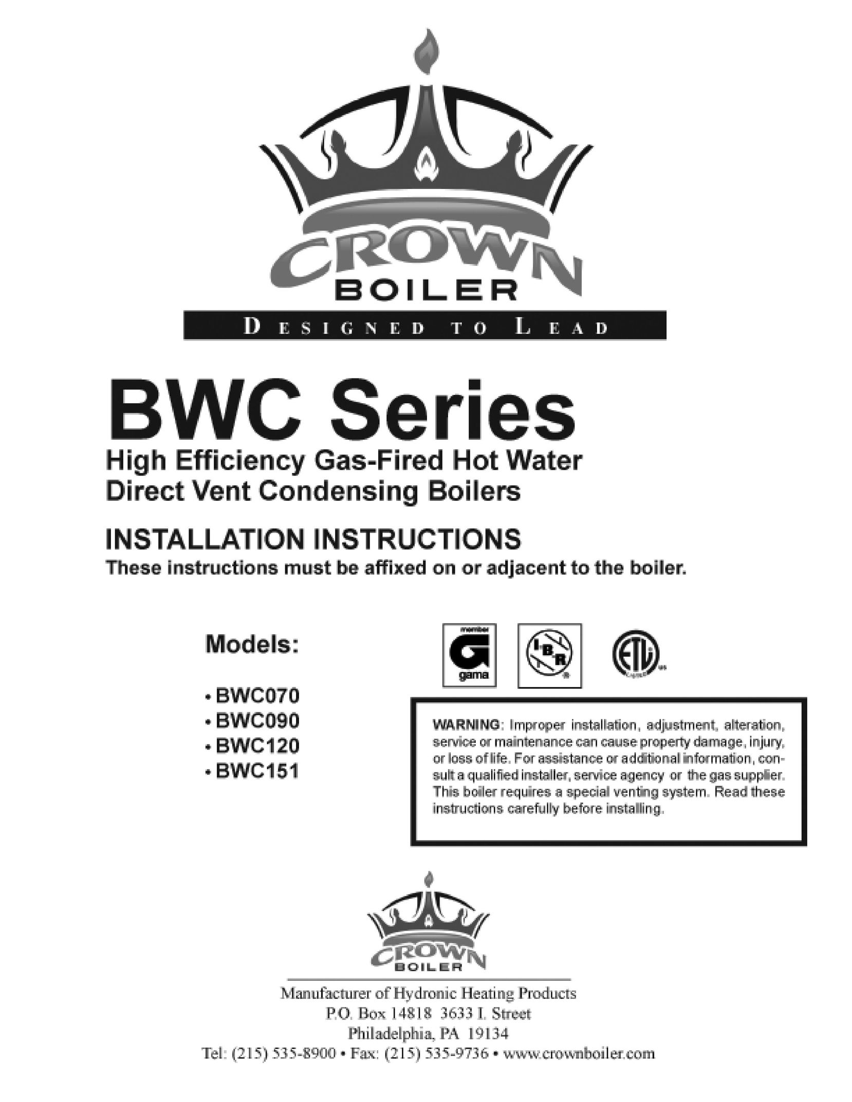 Crown Boiler BWC151 Boiler User Manual