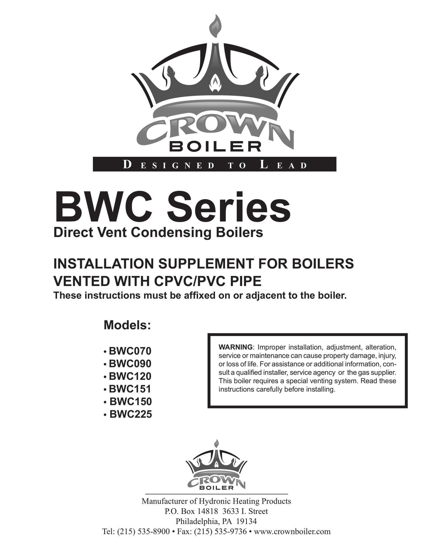 Crown Boiler BWC225 Boiler User Manual
