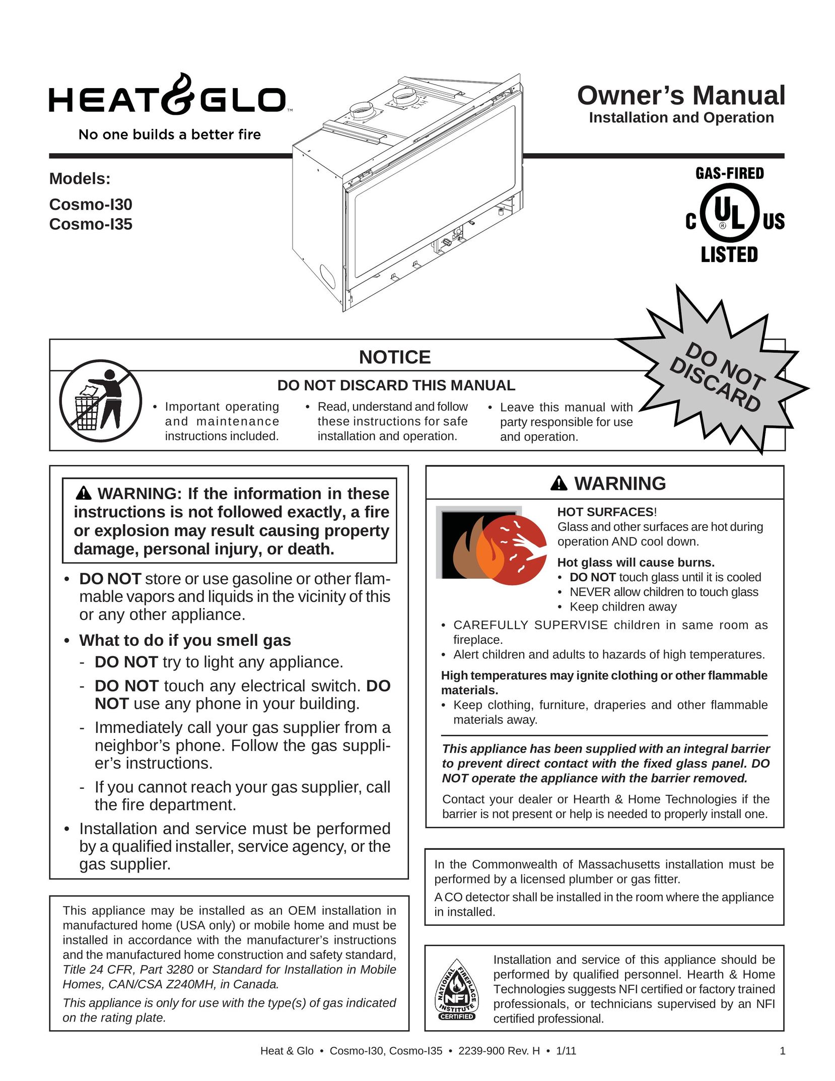 Heat & Glo LifeStyle COSMO-I30 Boiler User Manual