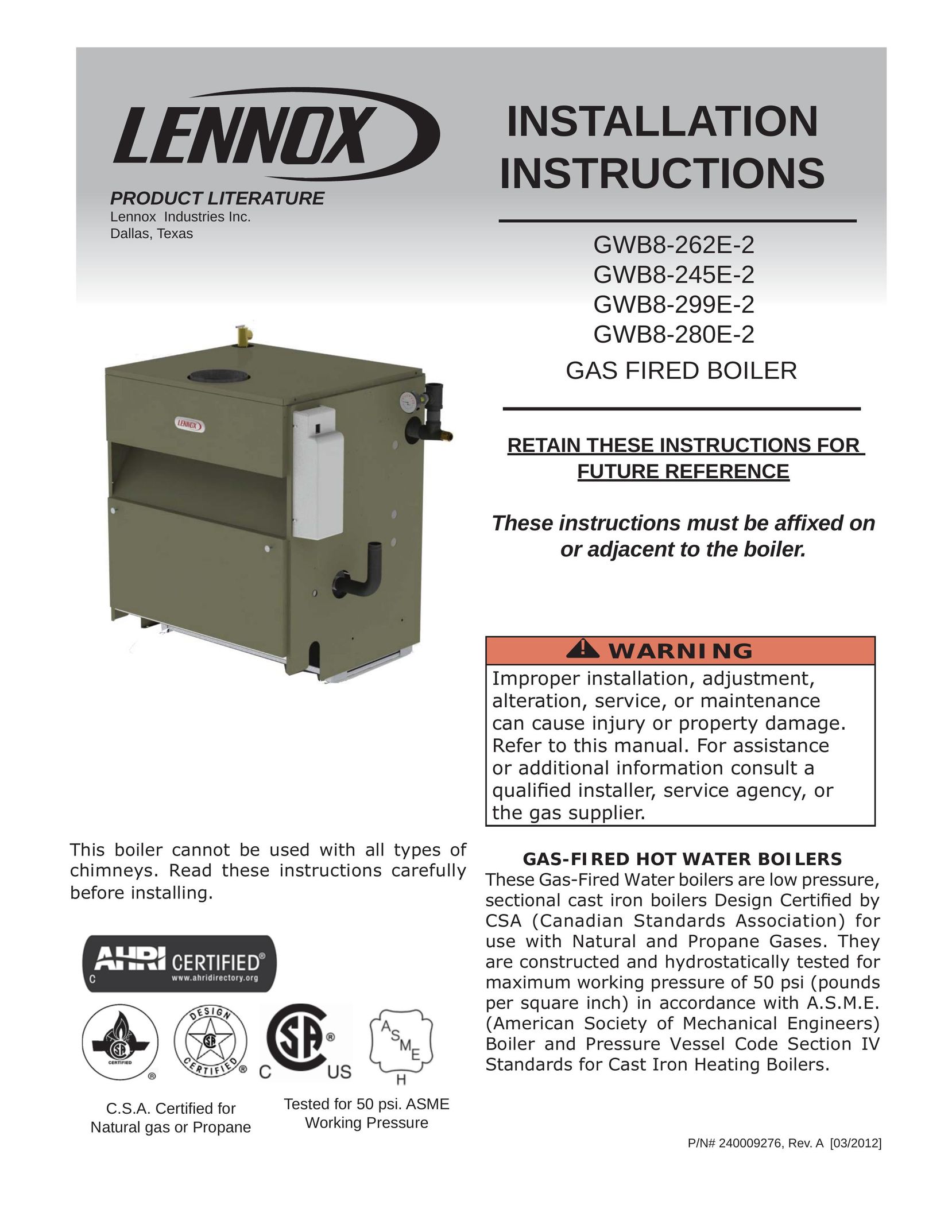 Lennox International Inc. Gas-Fired Hot Water Boiler Boiler User Manual