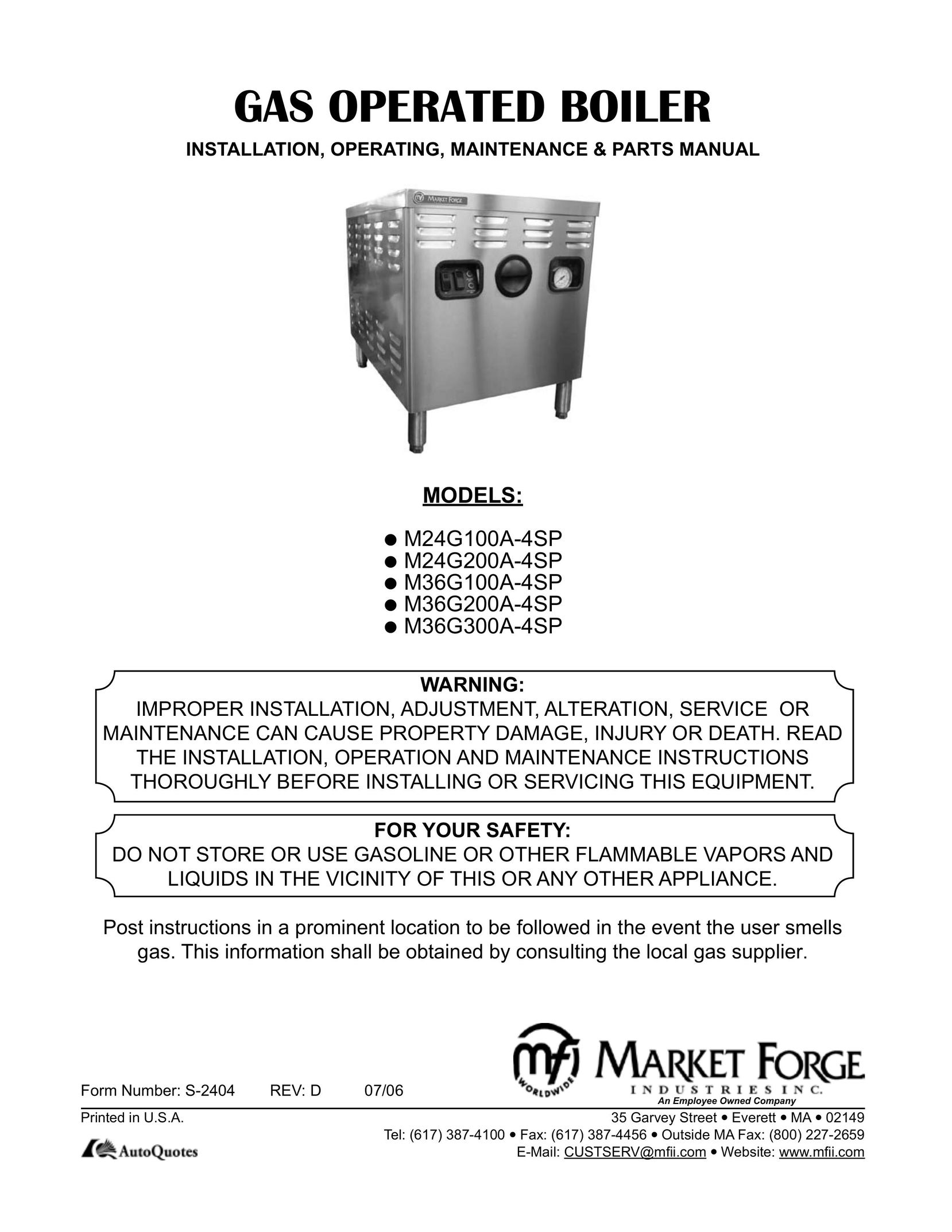 Market Forge Industries Gas Operated Boiler Boiler User Manual