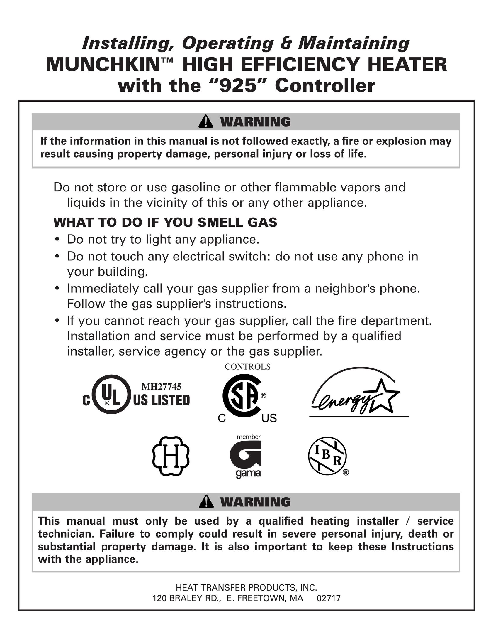 Munchkin MUNCHKIN HIGH EFFICIENCY HEATER with the "925" Controller Boiler User Manual