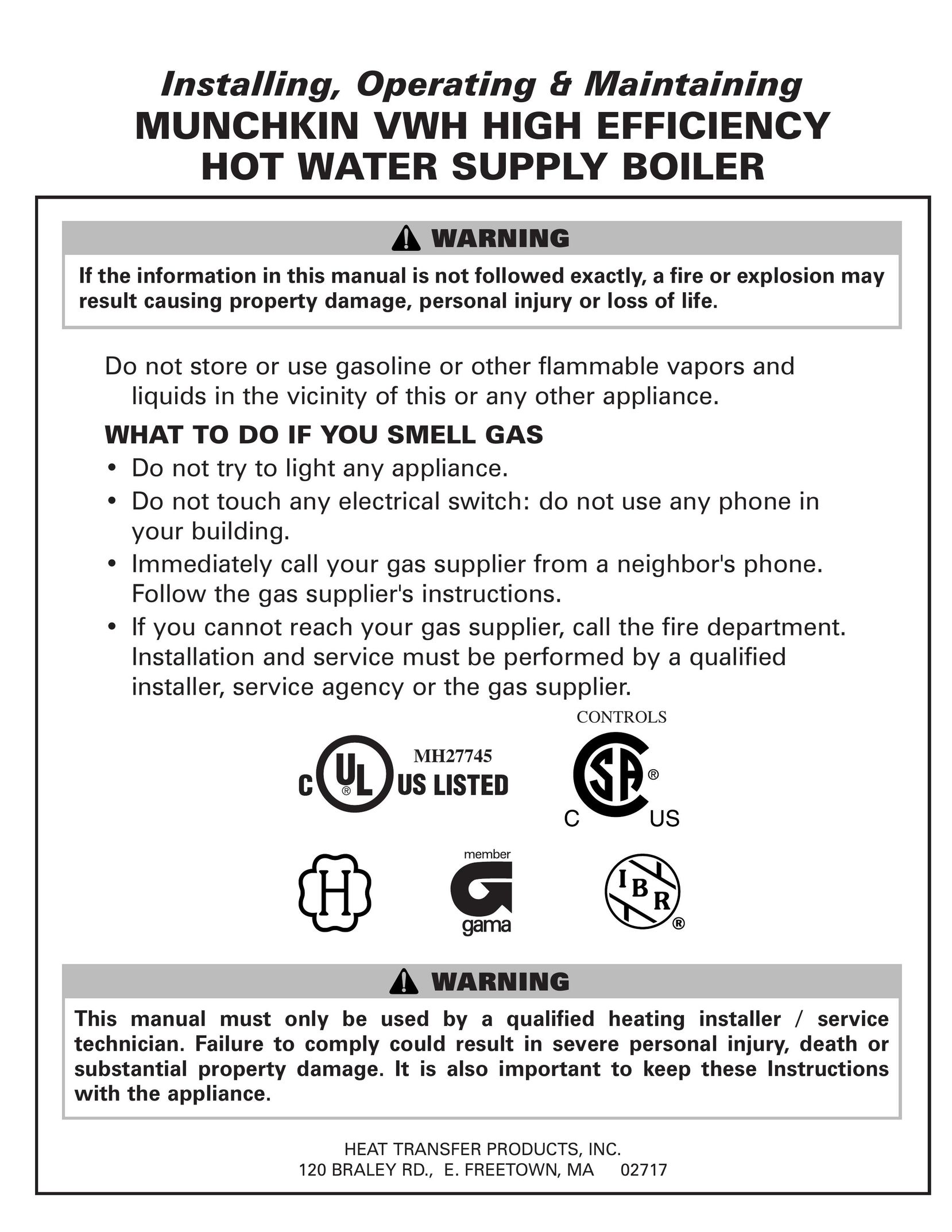 Munchkin VWH High Efficiency Hot Water Supply Boiler Boiler User Manual