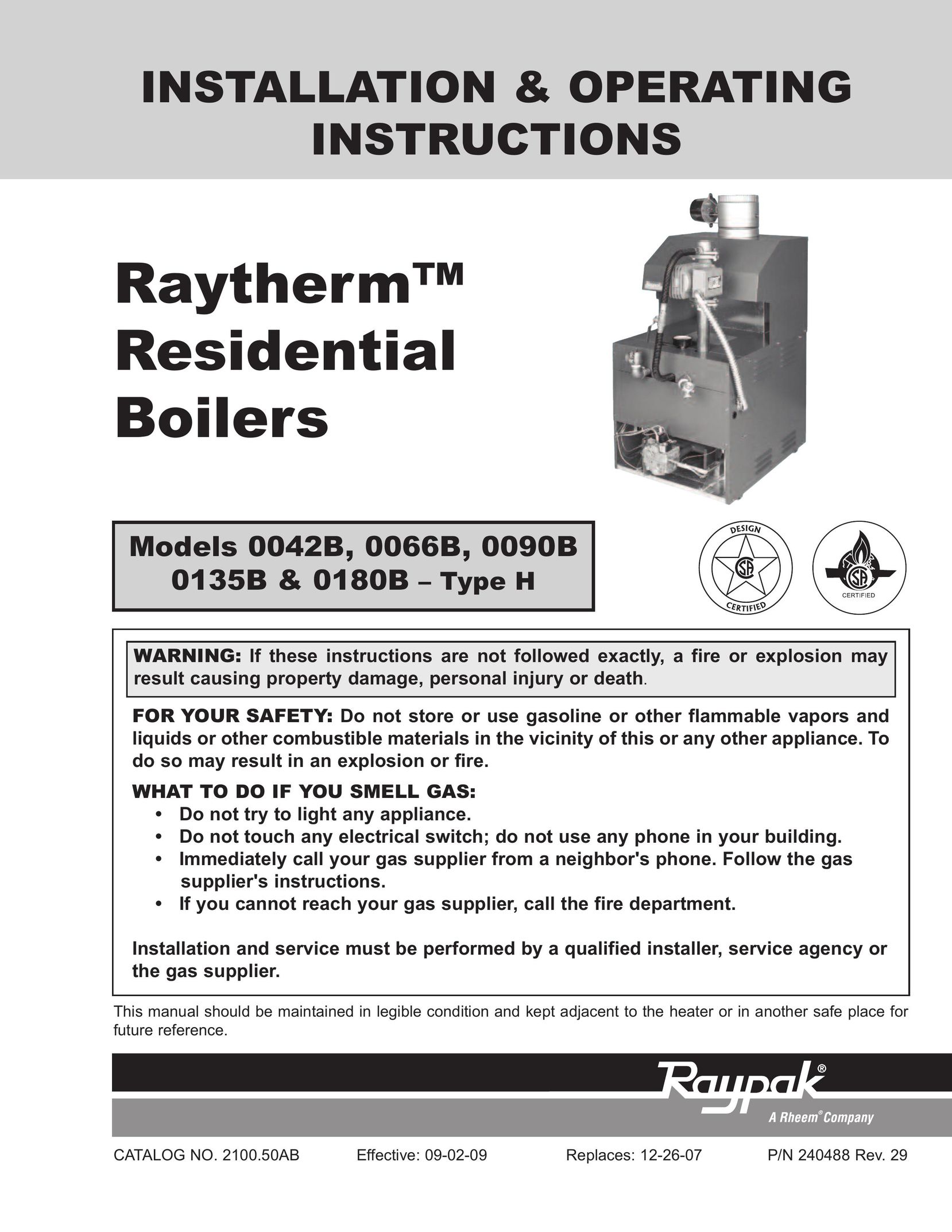 Raypak 0180B Boiler User Manual