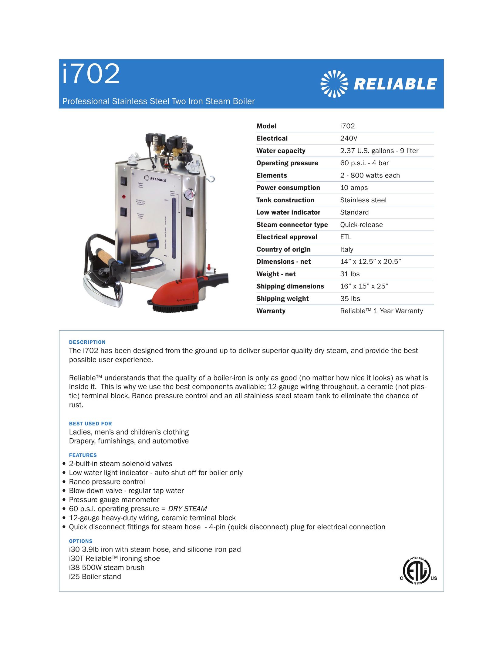 Reliable i702 Boiler User Manual
