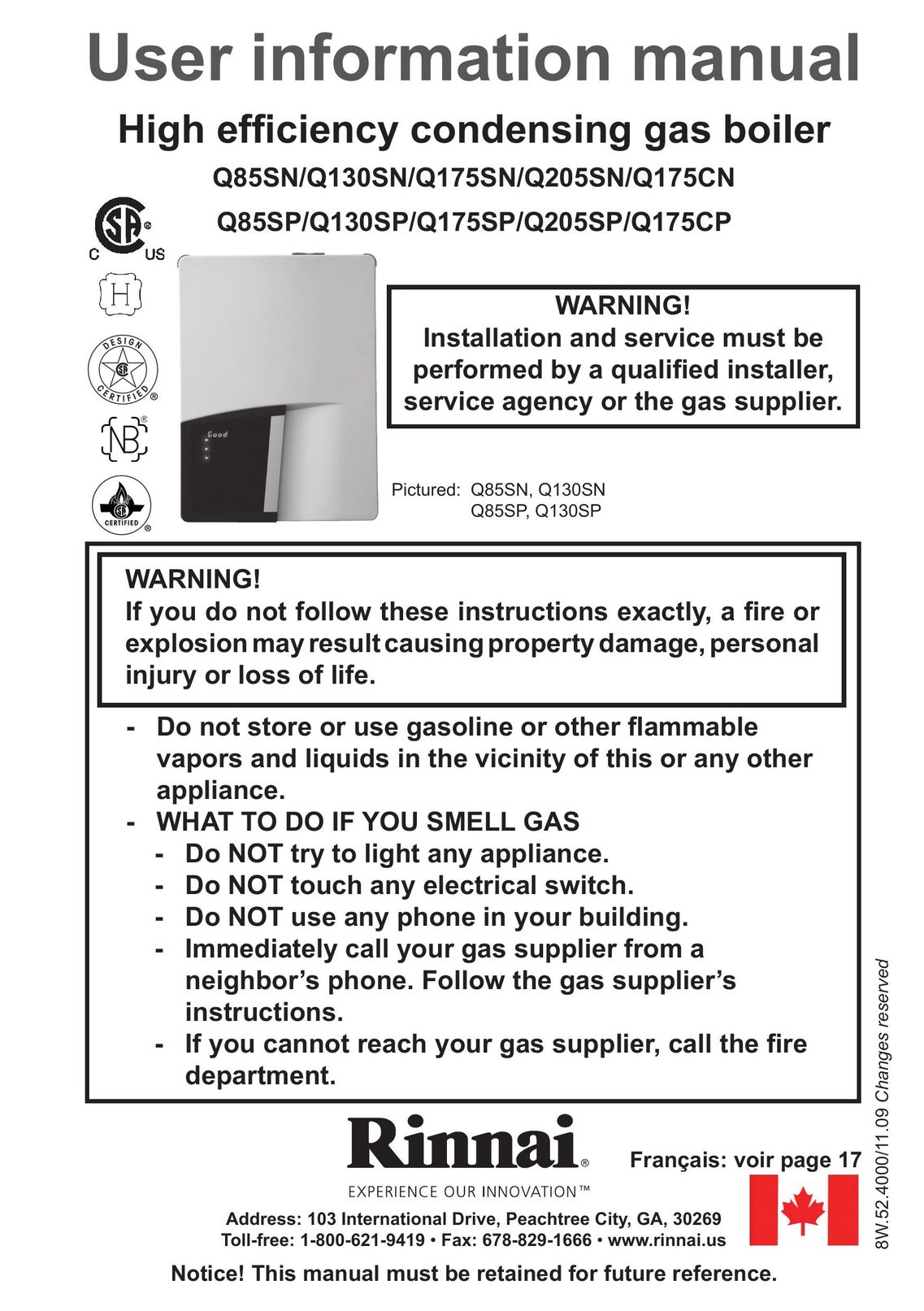 Rinnai Q175SP Boiler User Manual