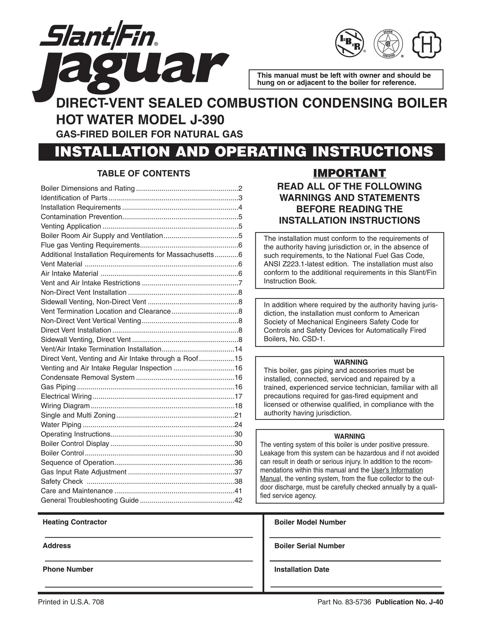 Slant/Fin J-390 Boiler User Manual