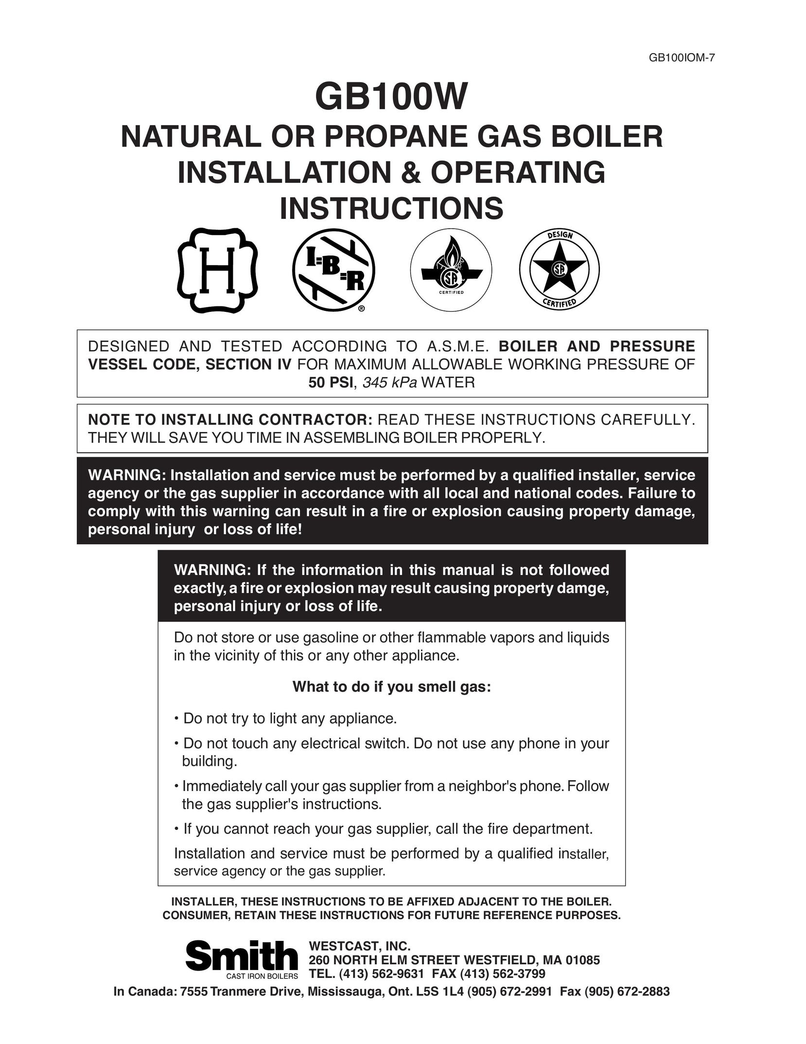 Smith Cast Iron Boilers GB100W Boiler User Manual