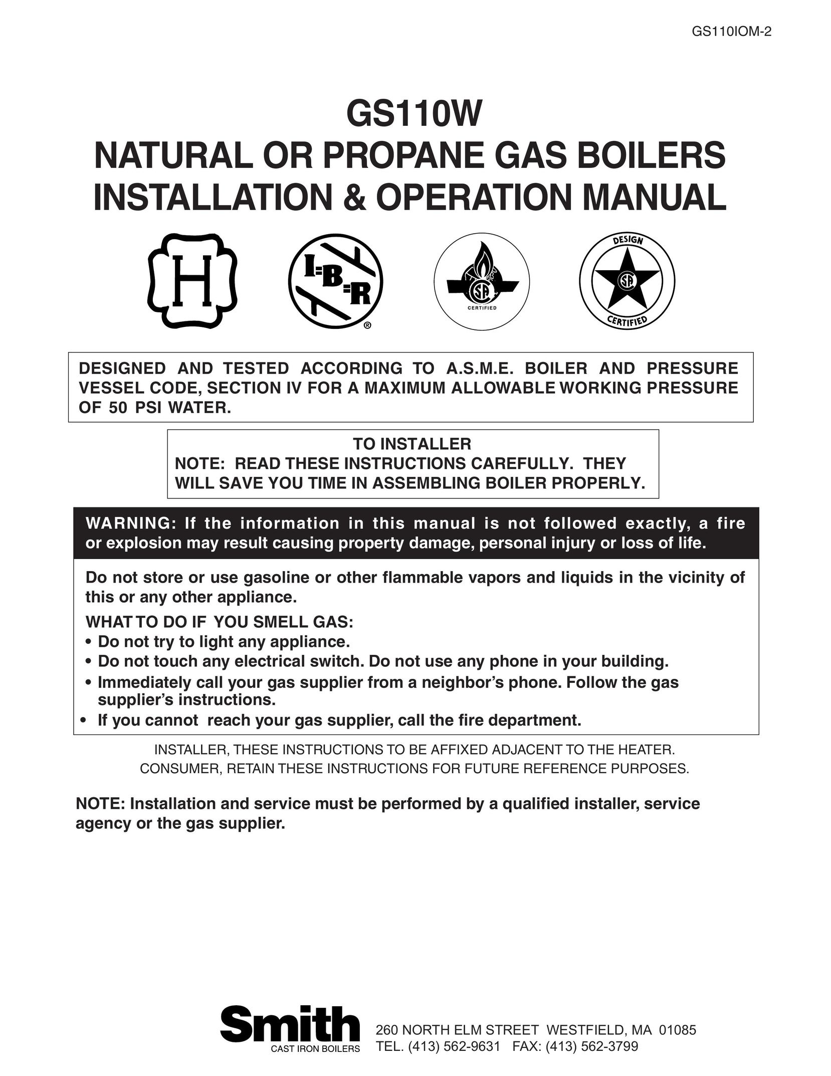 Smith Cast Iron Boilers GS110W Boiler User Manual