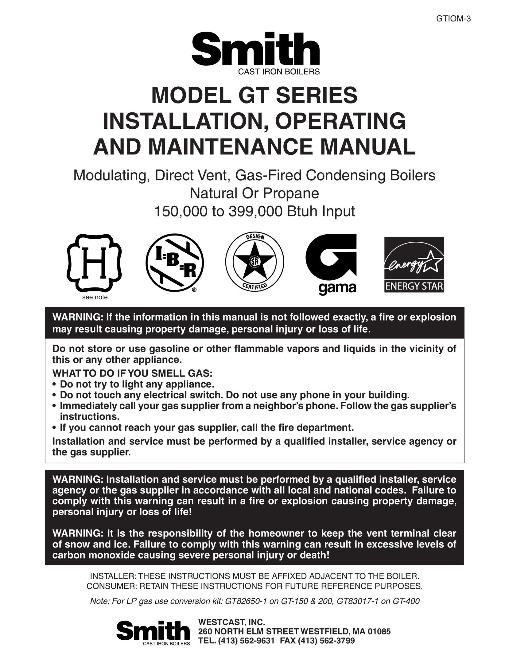Smith Cast Iron Boilers GT Series Boiler User Manual
