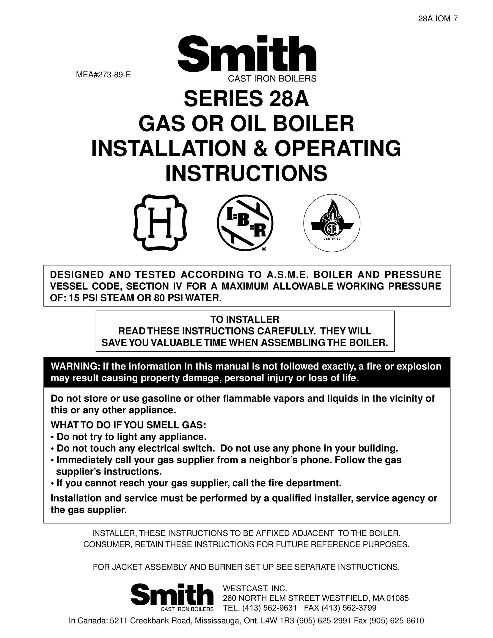 Smith Cast Iron Boilers Series 28A Boiler User Manual
