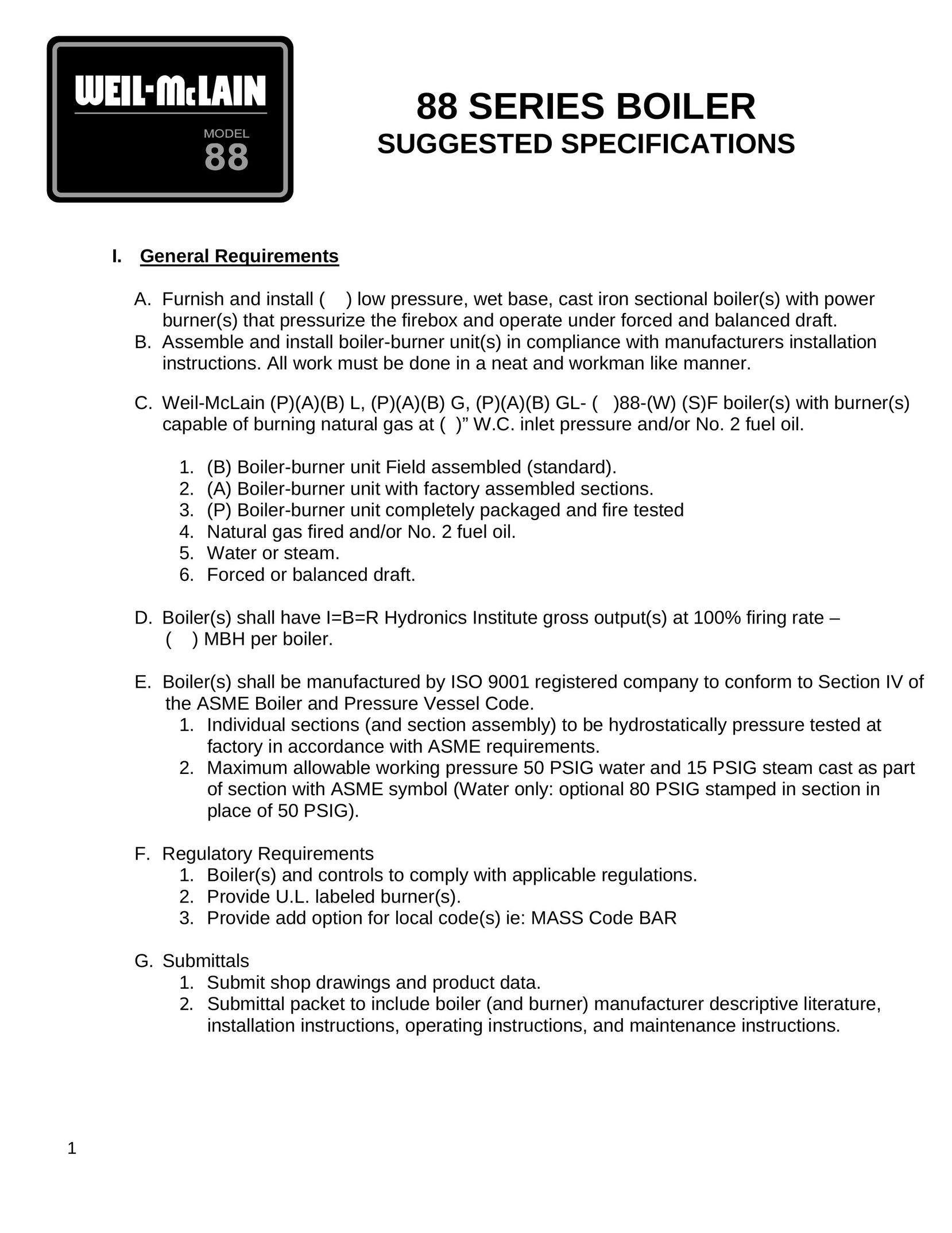 Weil-McLain 88 Series Boiler User Manual