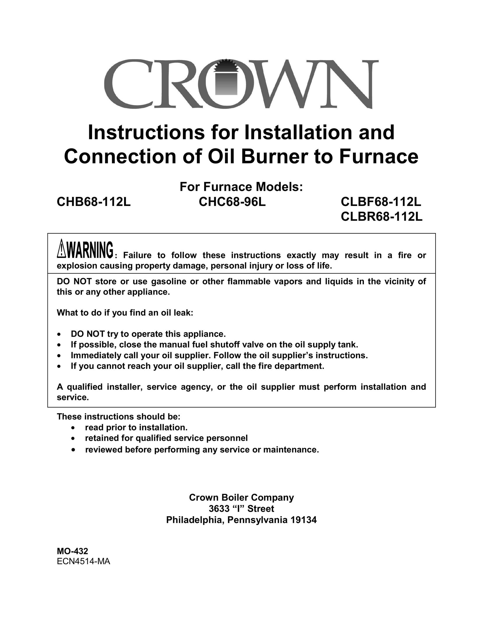 Crown Boiler CHB68-112L Burner User Manual