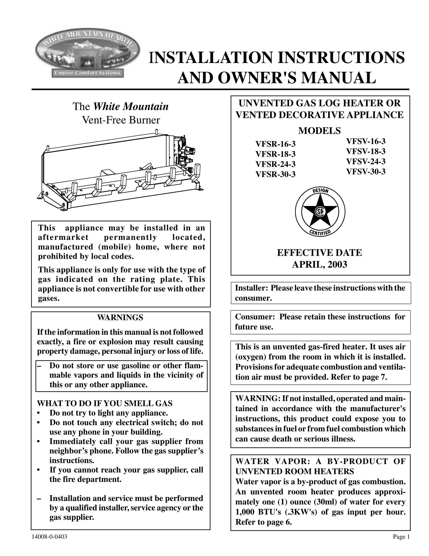 Empire Comfort Systems VFSR-16-3 Burner User Manual