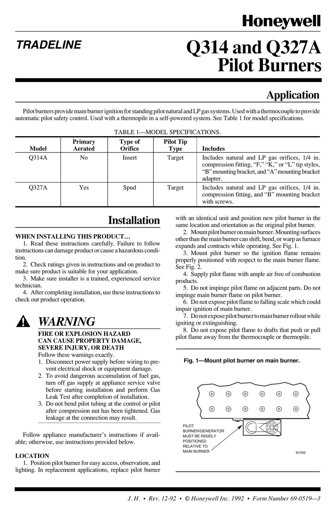 Honeywell Q314 Burner User Manual