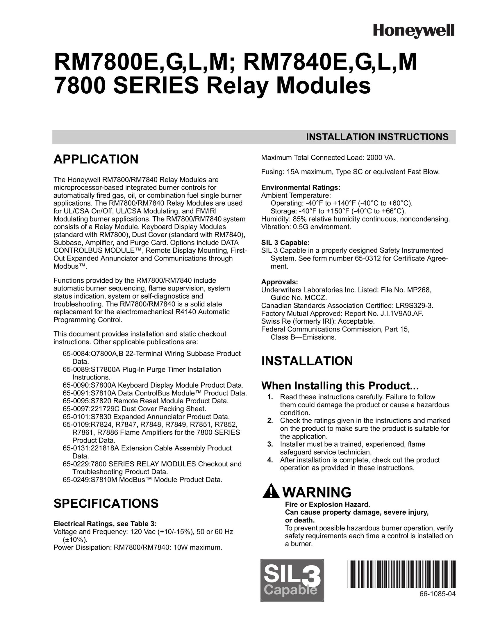 Honeywell RM7800E Burner User Manual
