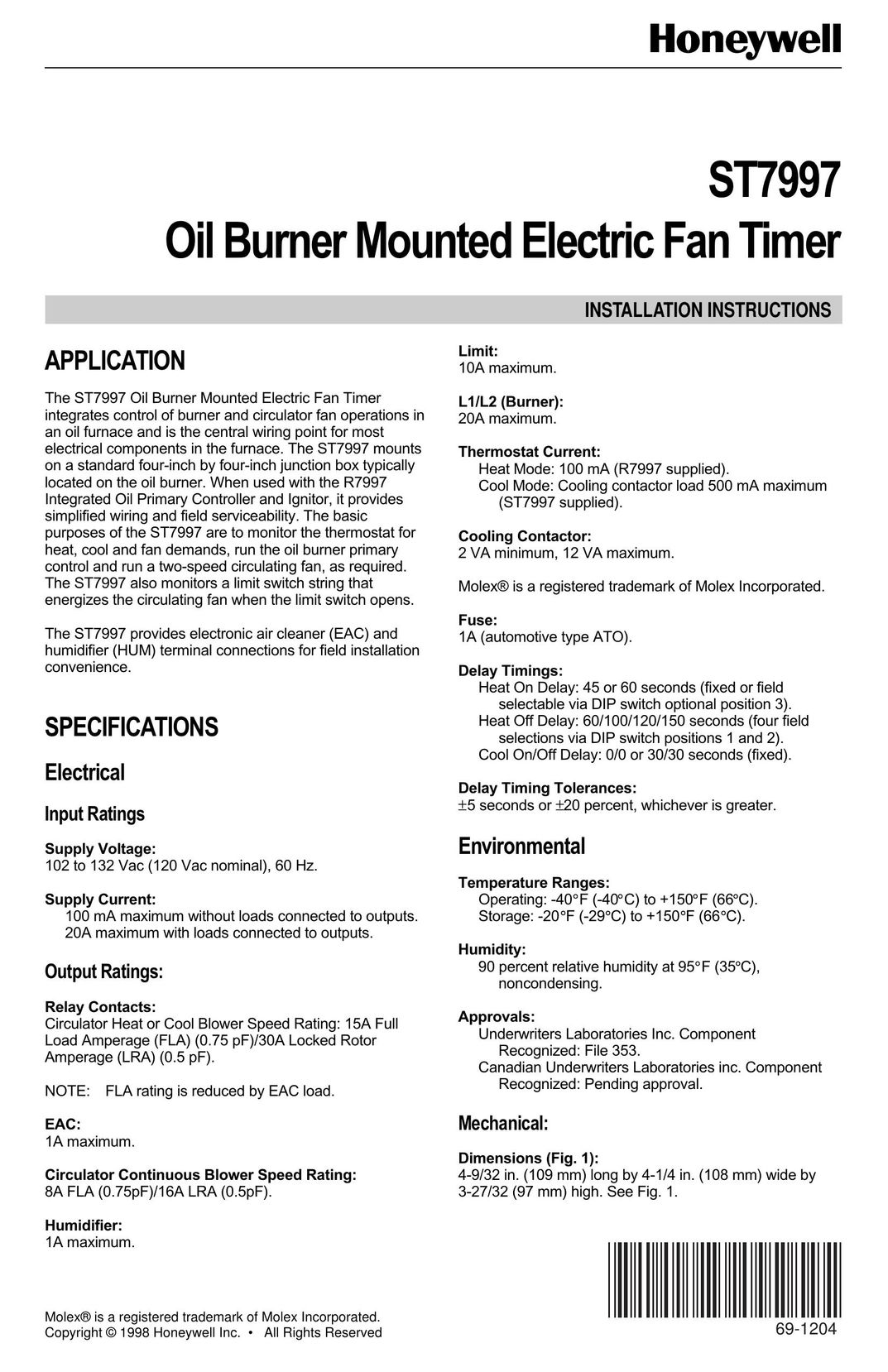 Honeywell ST7997 Burner User Manual