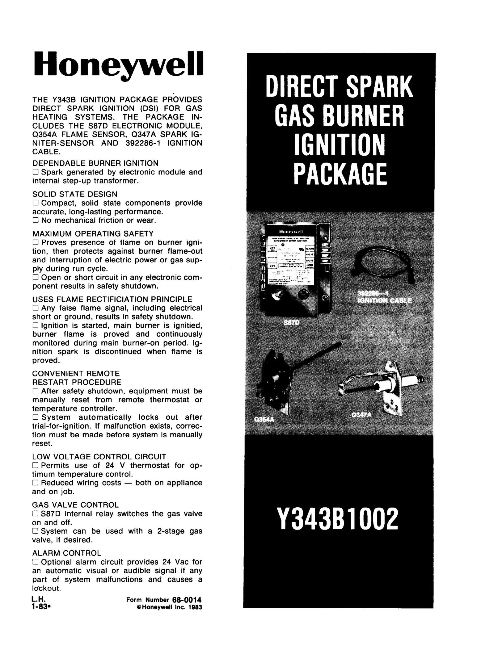 Honeywell Y343B1002 Burner User Manual