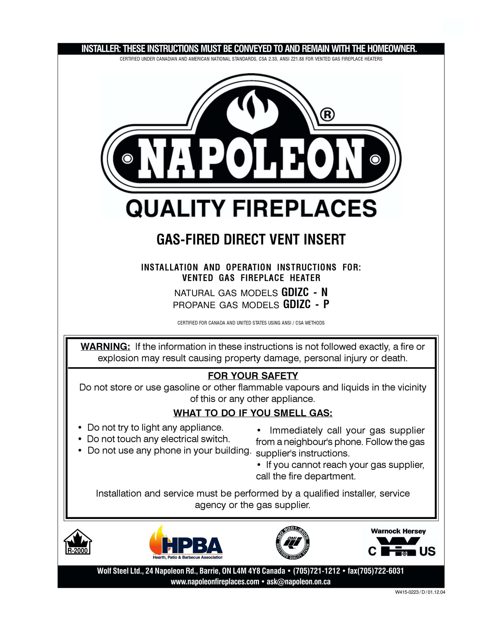 Napoleon Fireplaces GDIZC-N Burner User Manual