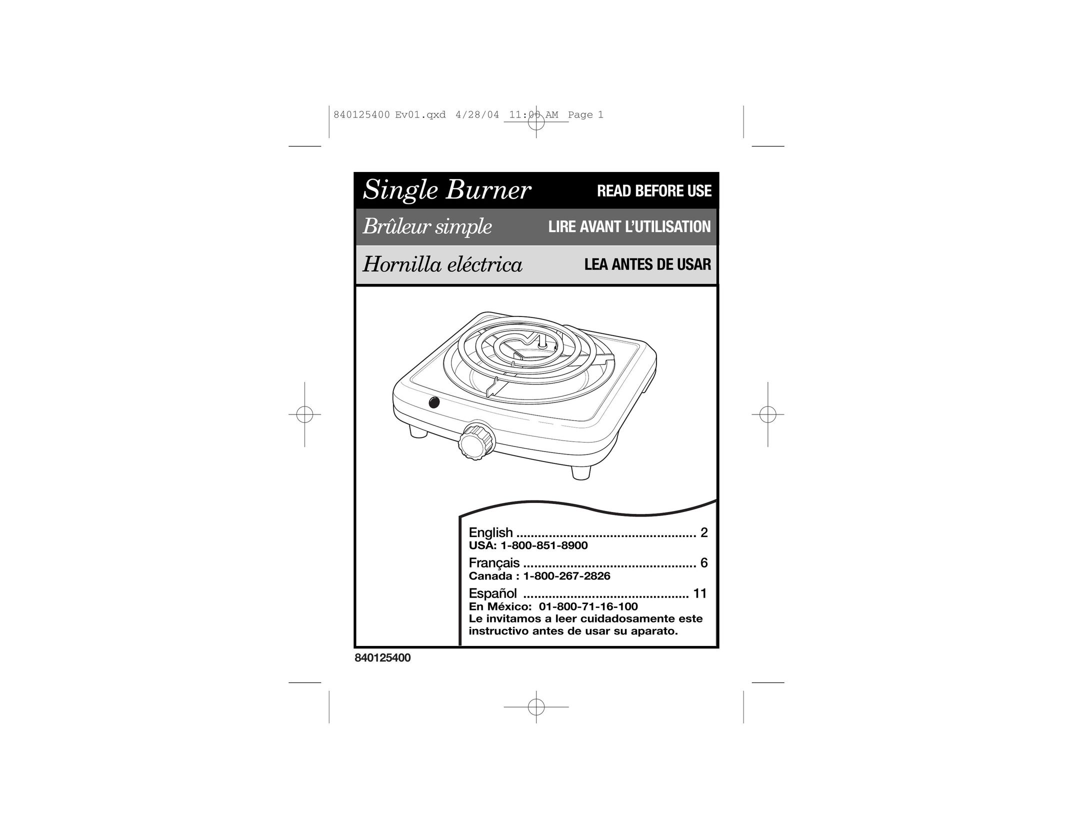 Proctor-Silex 840125400 Burner User Manual