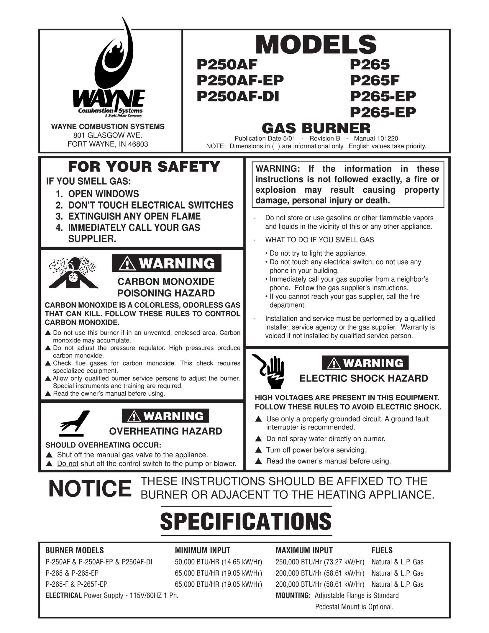 Wayne P250AF Burner User Manual