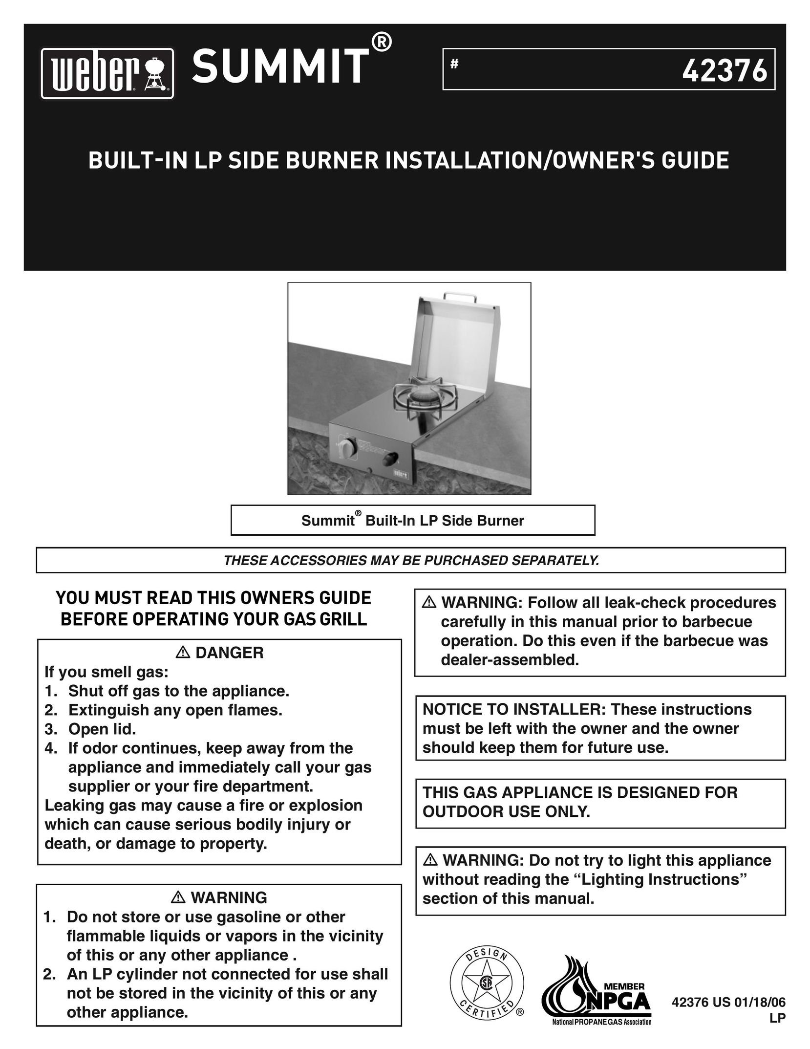Weber Built In LP Side Burner Burner User Manual