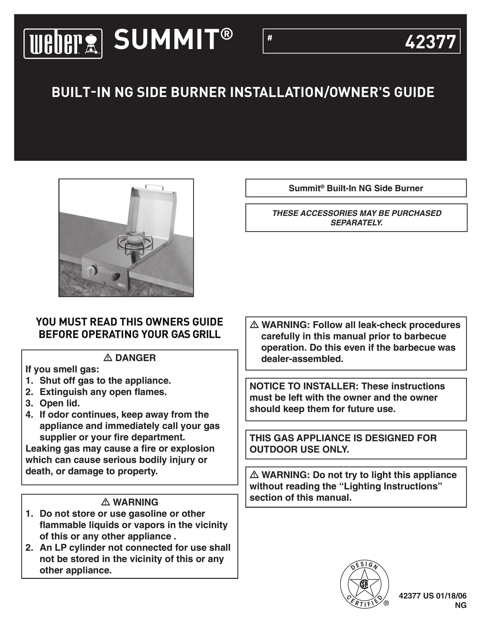 Weber Summit Built-In NG Side Burner Burner User Manual