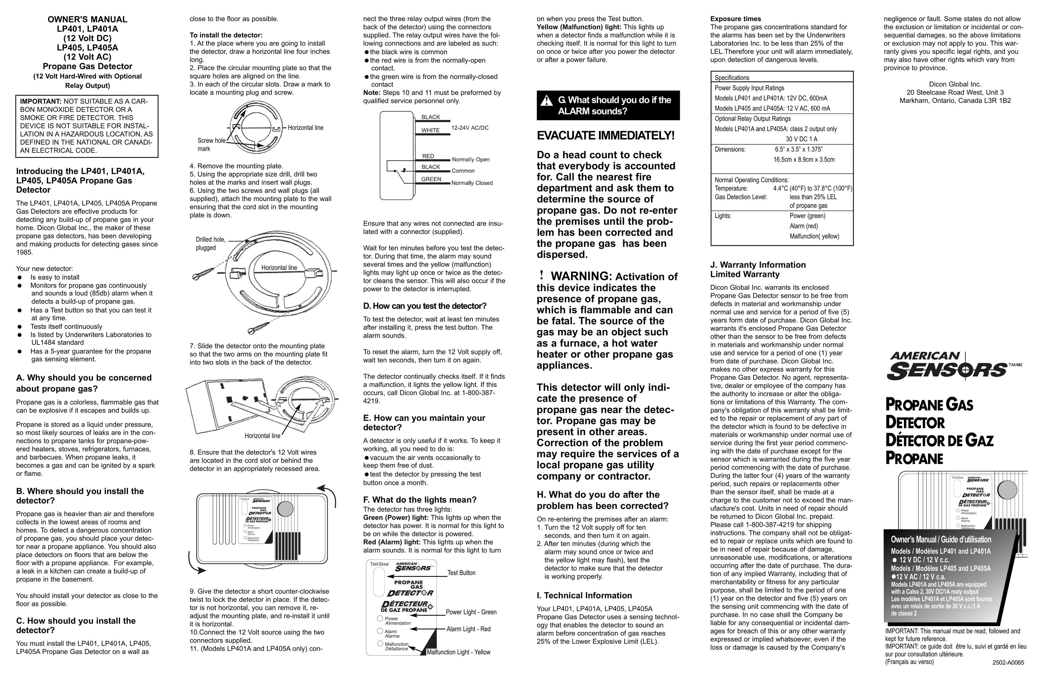 American Sensor LP405 Carbon Monoxide Alarm User Manual