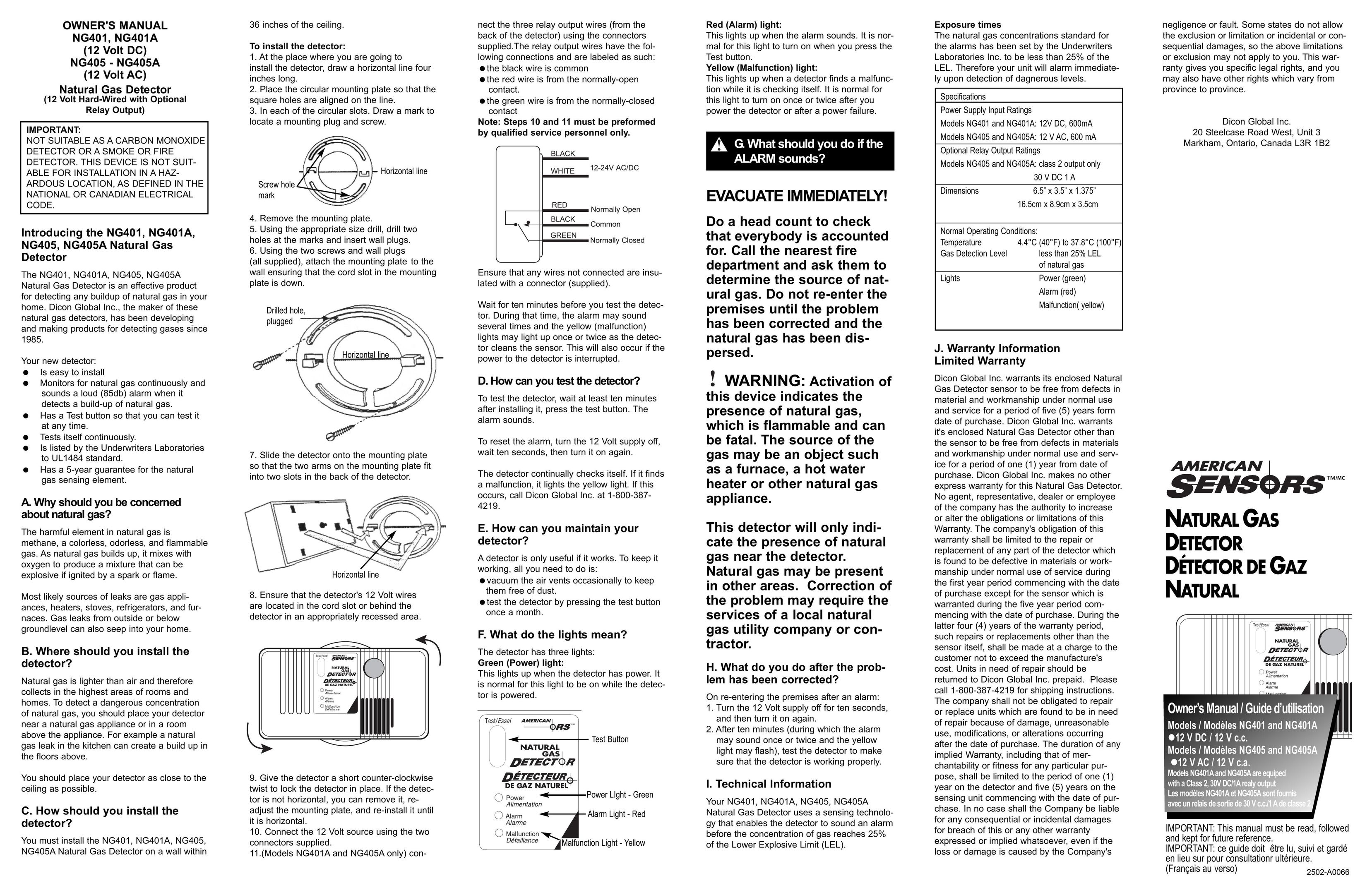 American Sensor NG401 Carbon Monoxide Alarm User Manual