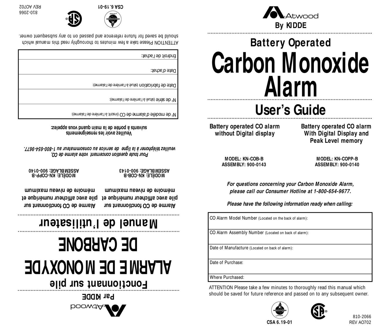 Atwood Mobile Products KN-COPP-B Carbon Monoxide Alarm User Manual