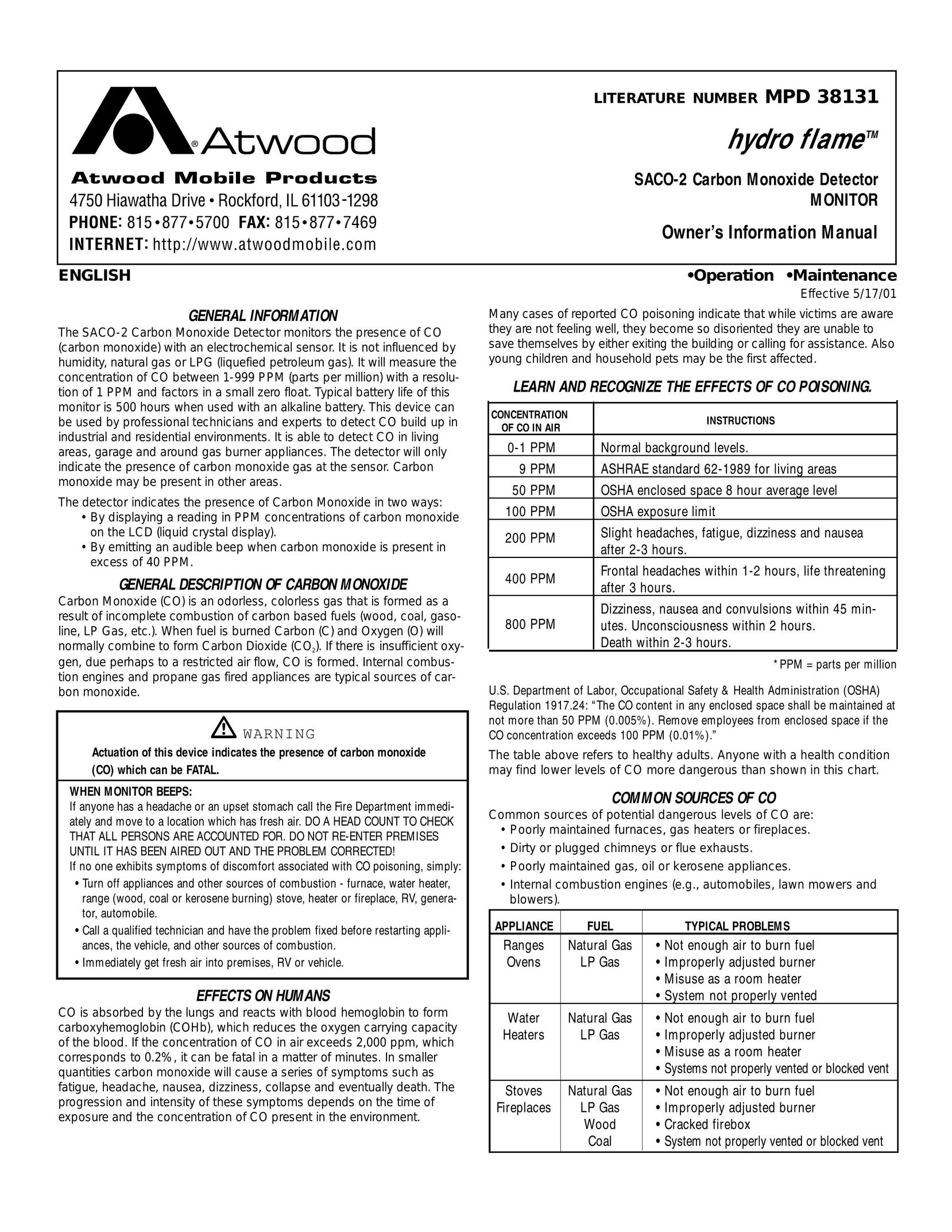 Atwood Mobile Products SACO-2 Carbon Monoxide Alarm User Manual