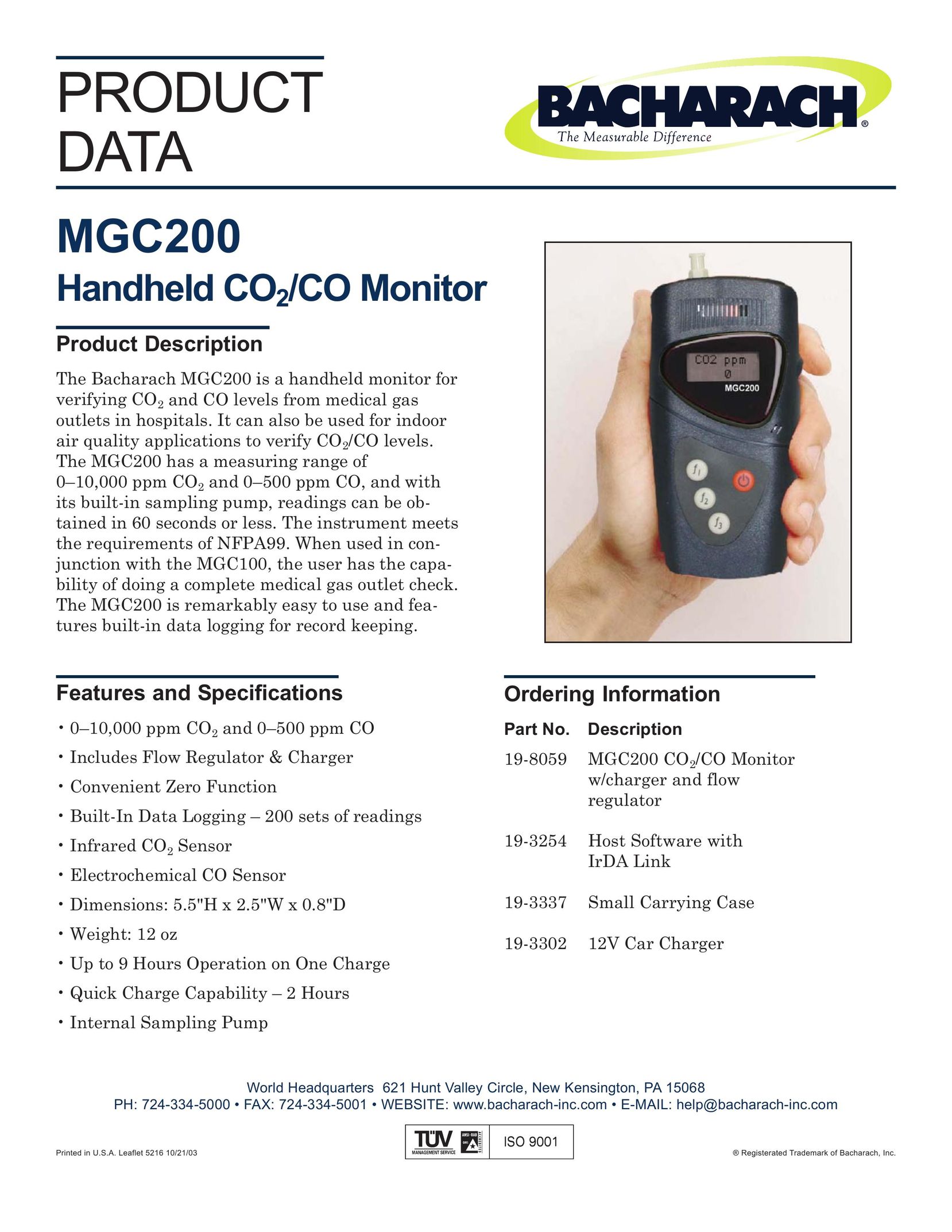 Bacharach MGC200 Carbon Monoxide Alarm User Manual