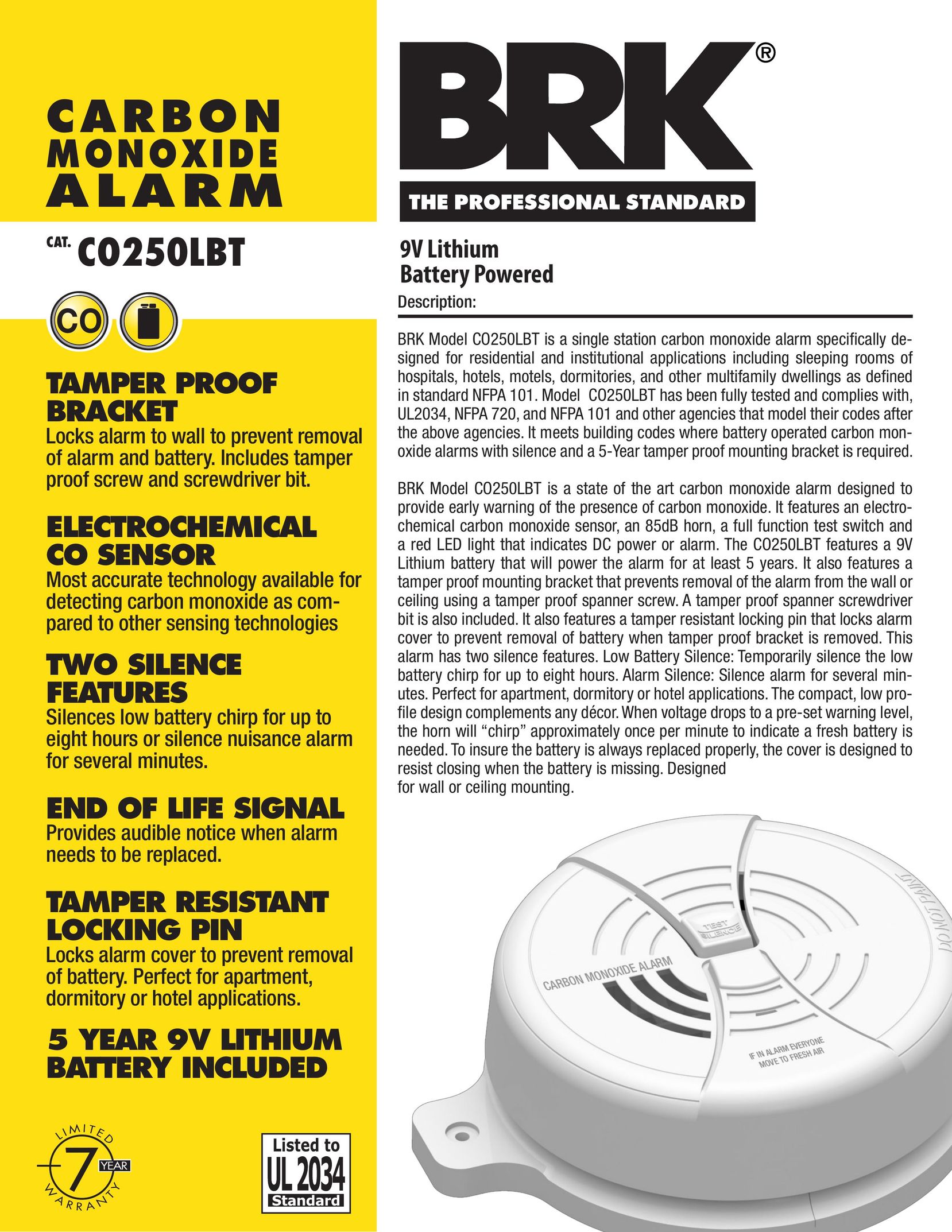 BRK electronic C0250LBT Carbon Monoxide Alarm User Manual