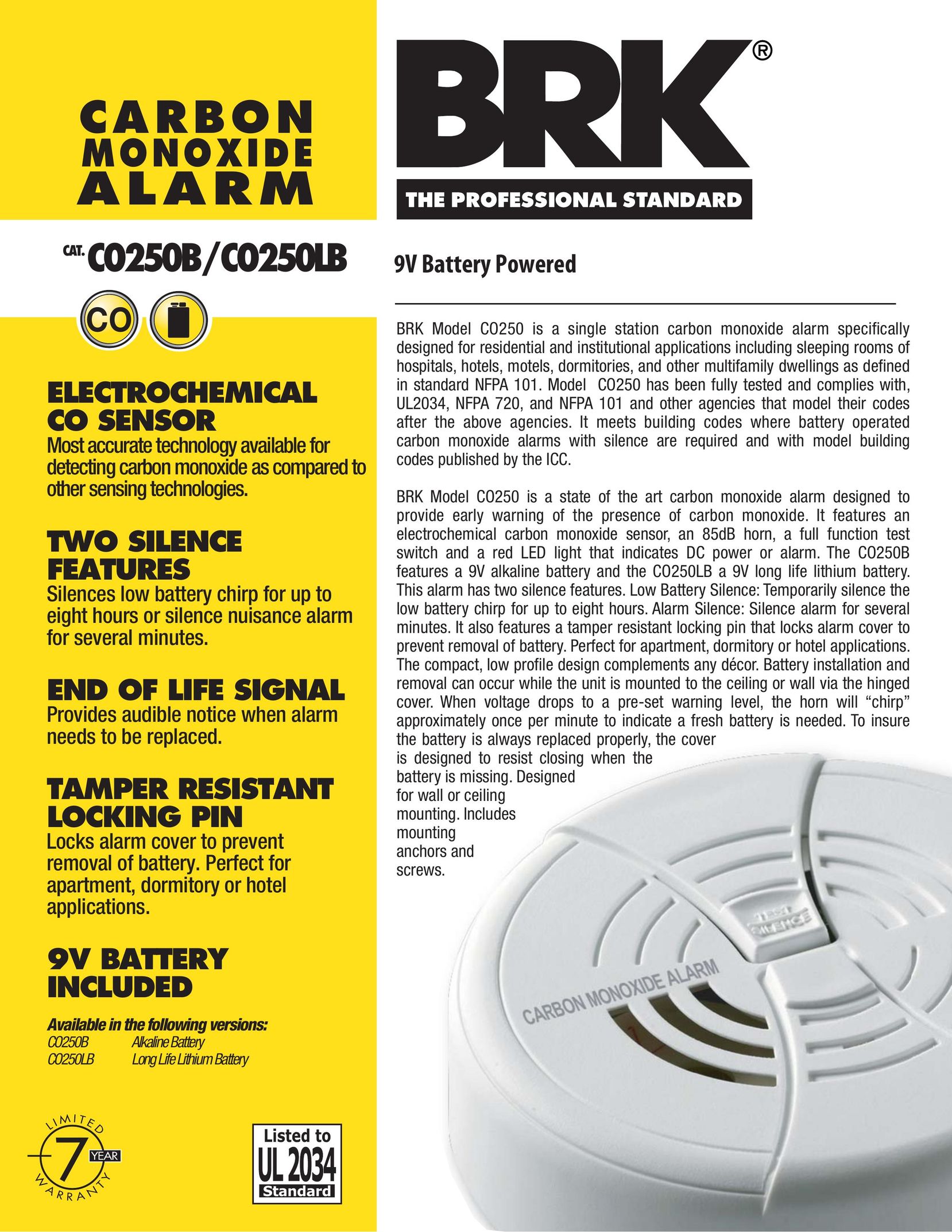 BRK electronic CO250B Carbon Monoxide Alarm User Manual