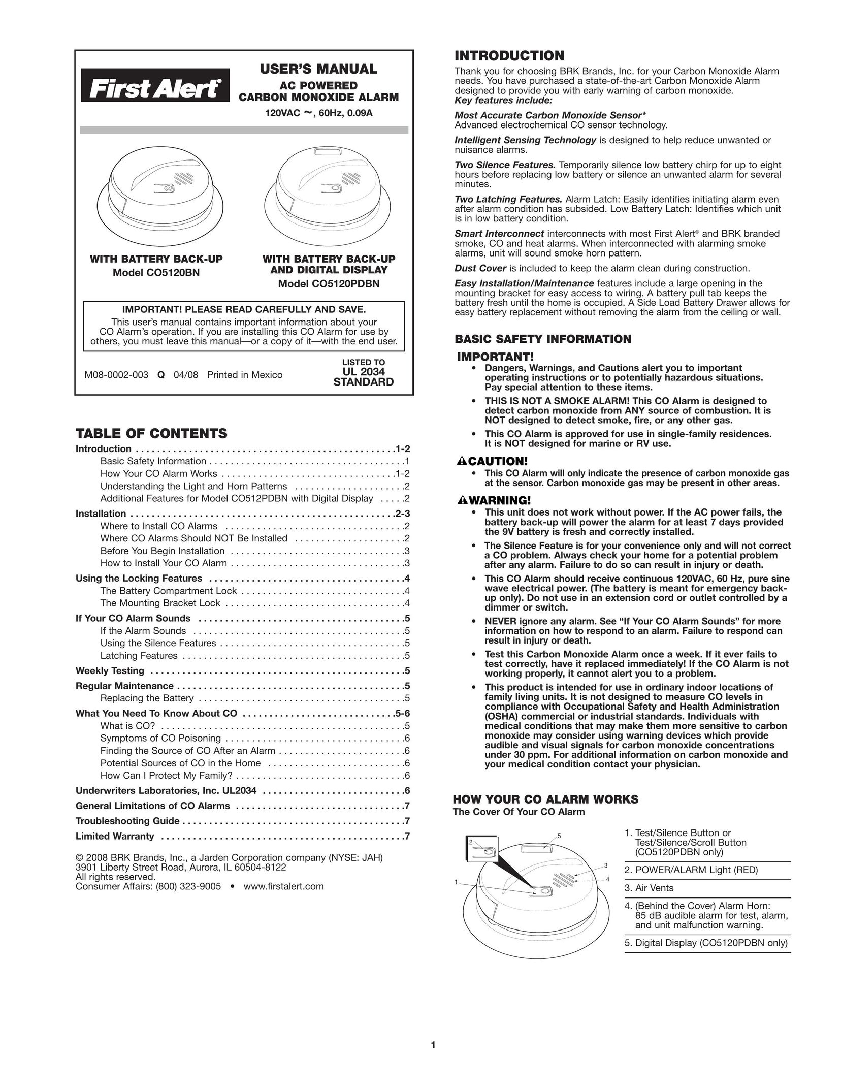 BRK electronic CO5120PDBN Carbon Monoxide Alarm User Manual