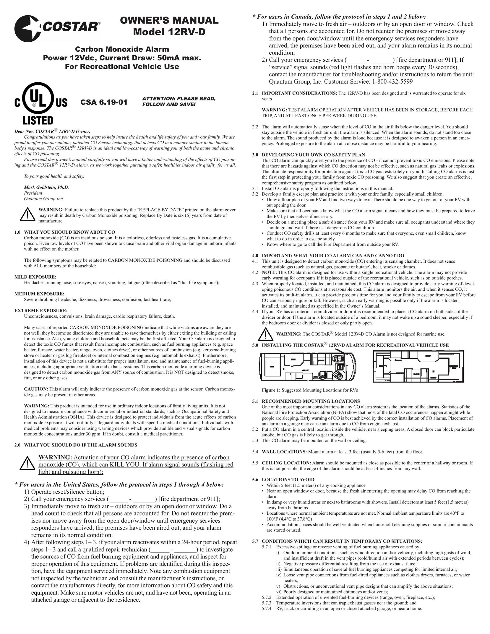 Costar 12RV-D Carbon Monoxide Alarm User Manual