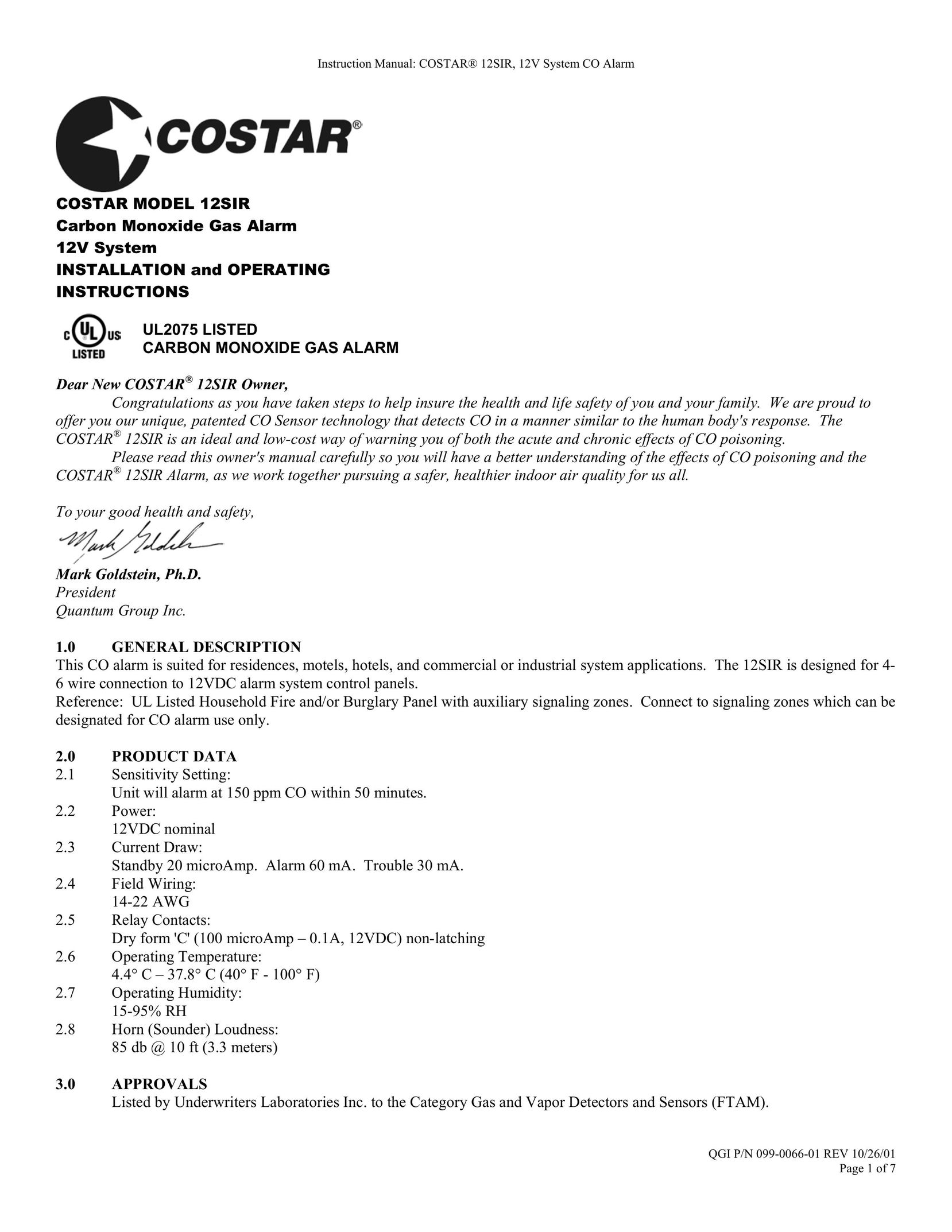 Costar 12SIR Carbon Monoxide Alarm User Manual