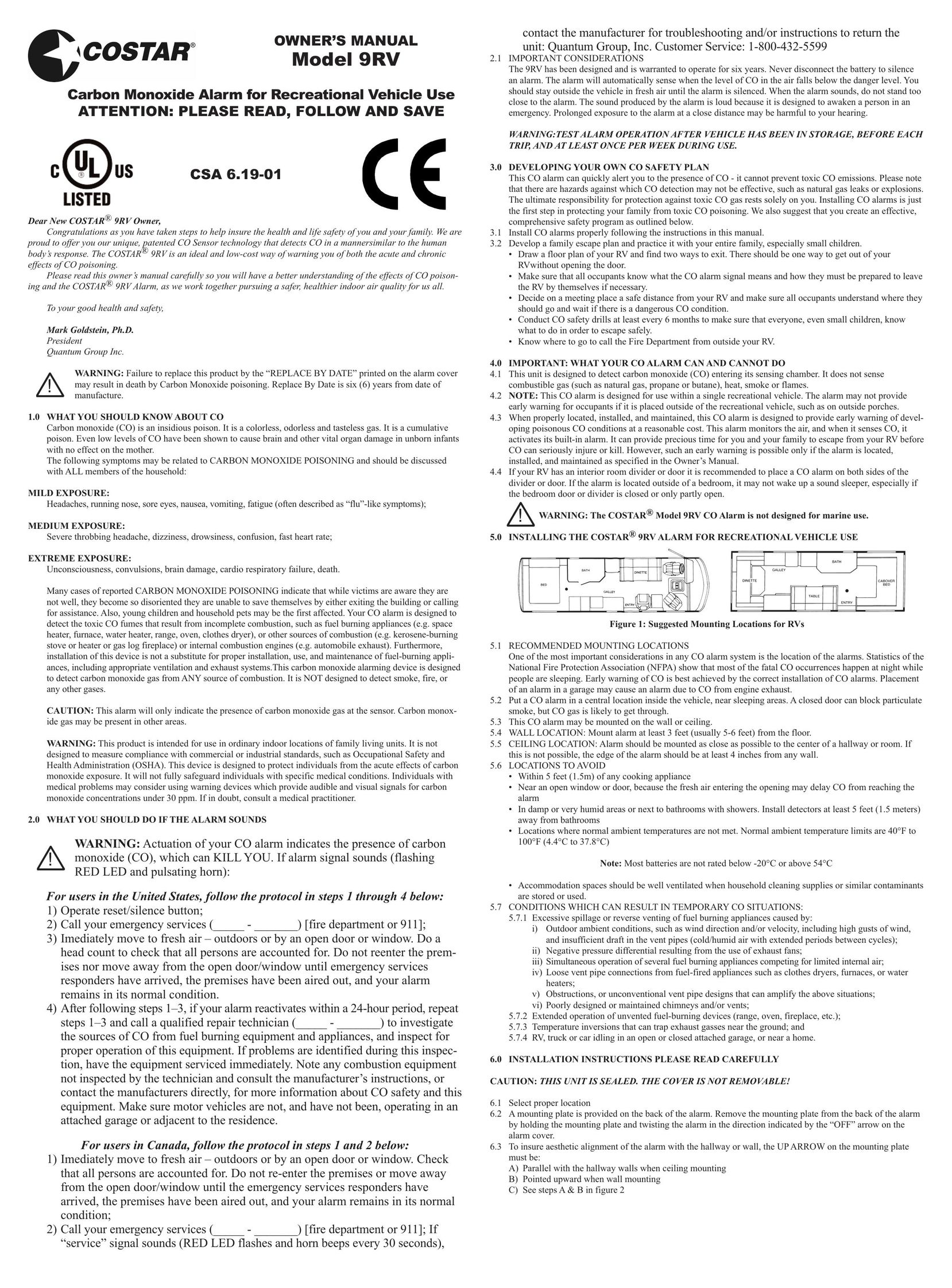 Costar 9RV Carbon Monoxide Alarm User Manual