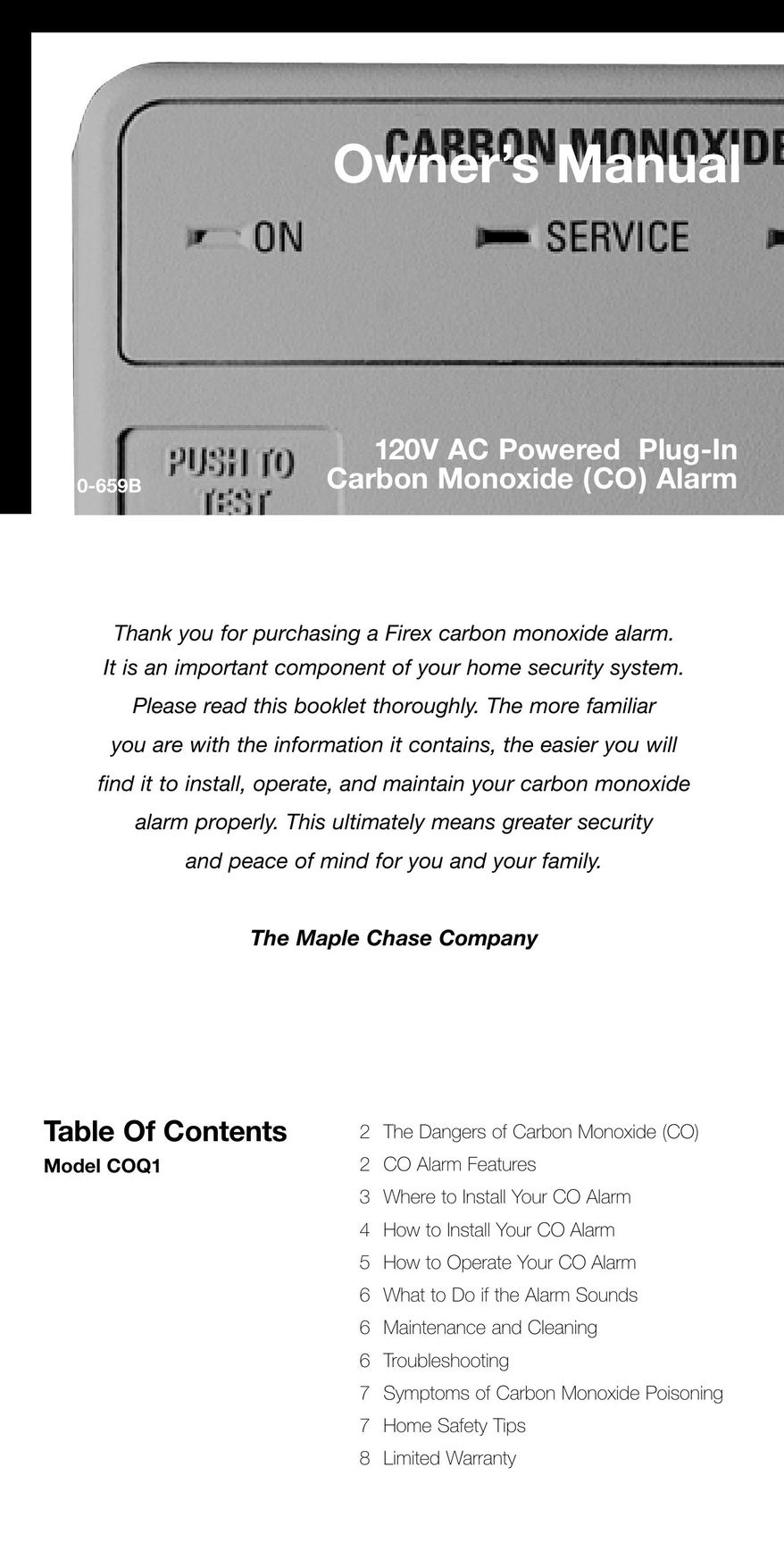 Firex COQ1 Carbon Monoxide Alarm User Manual