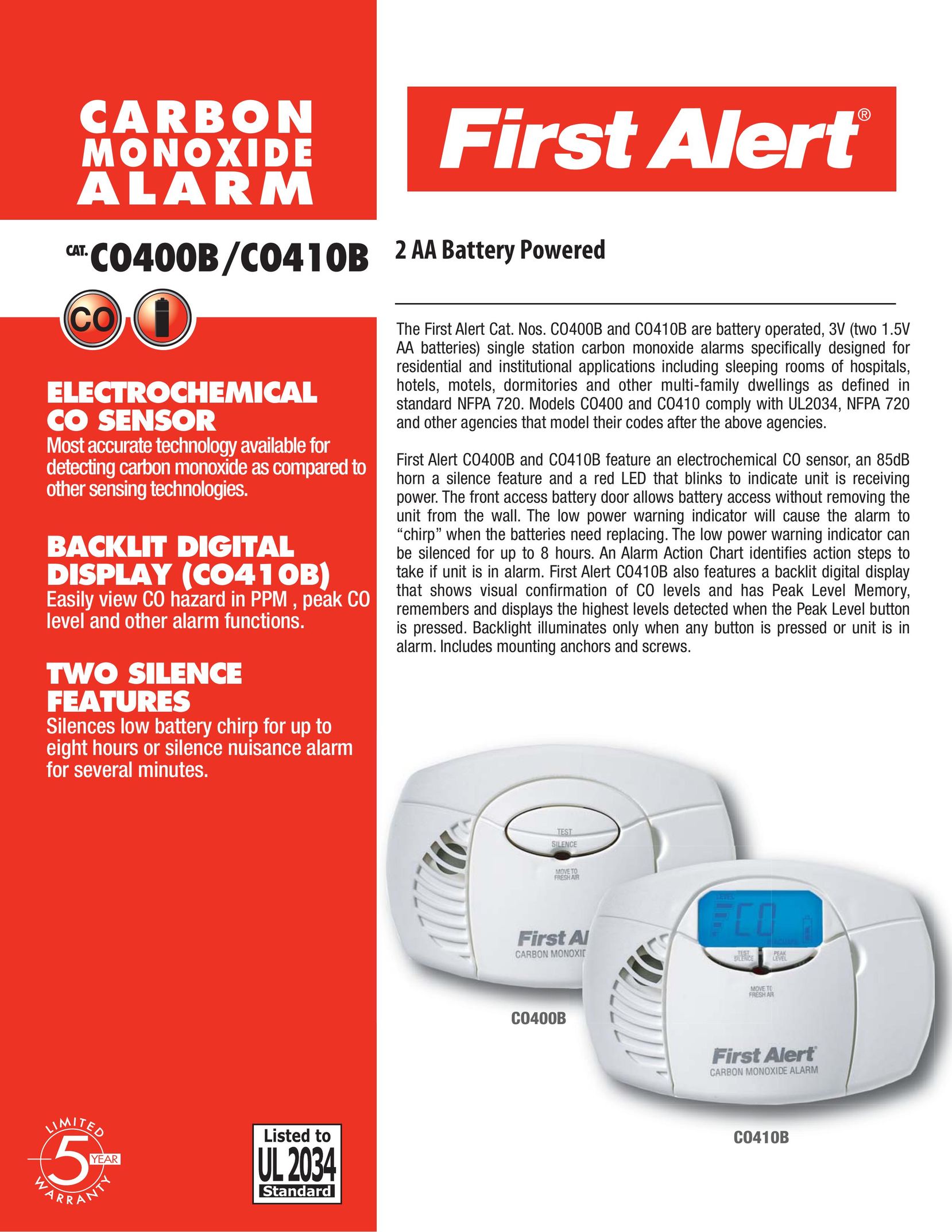 First Alert C0410B Carbon Monoxide Alarm User Manual