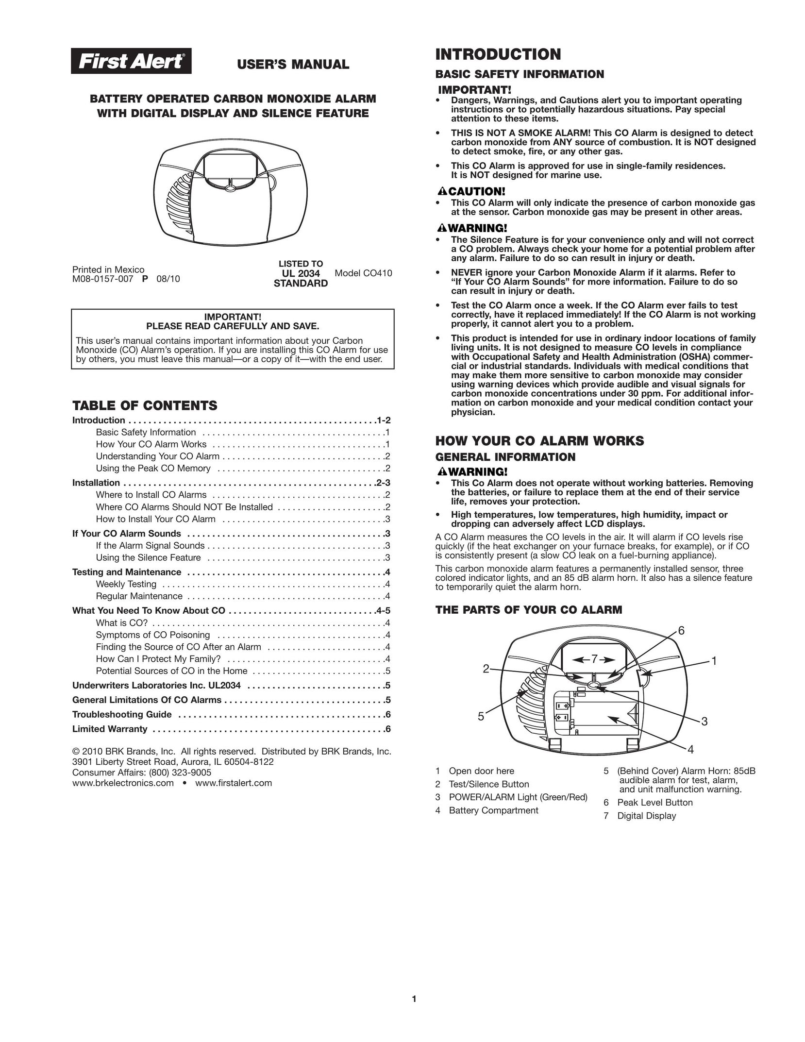 First Alert CO410 Carbon Monoxide Alarm User Manual
