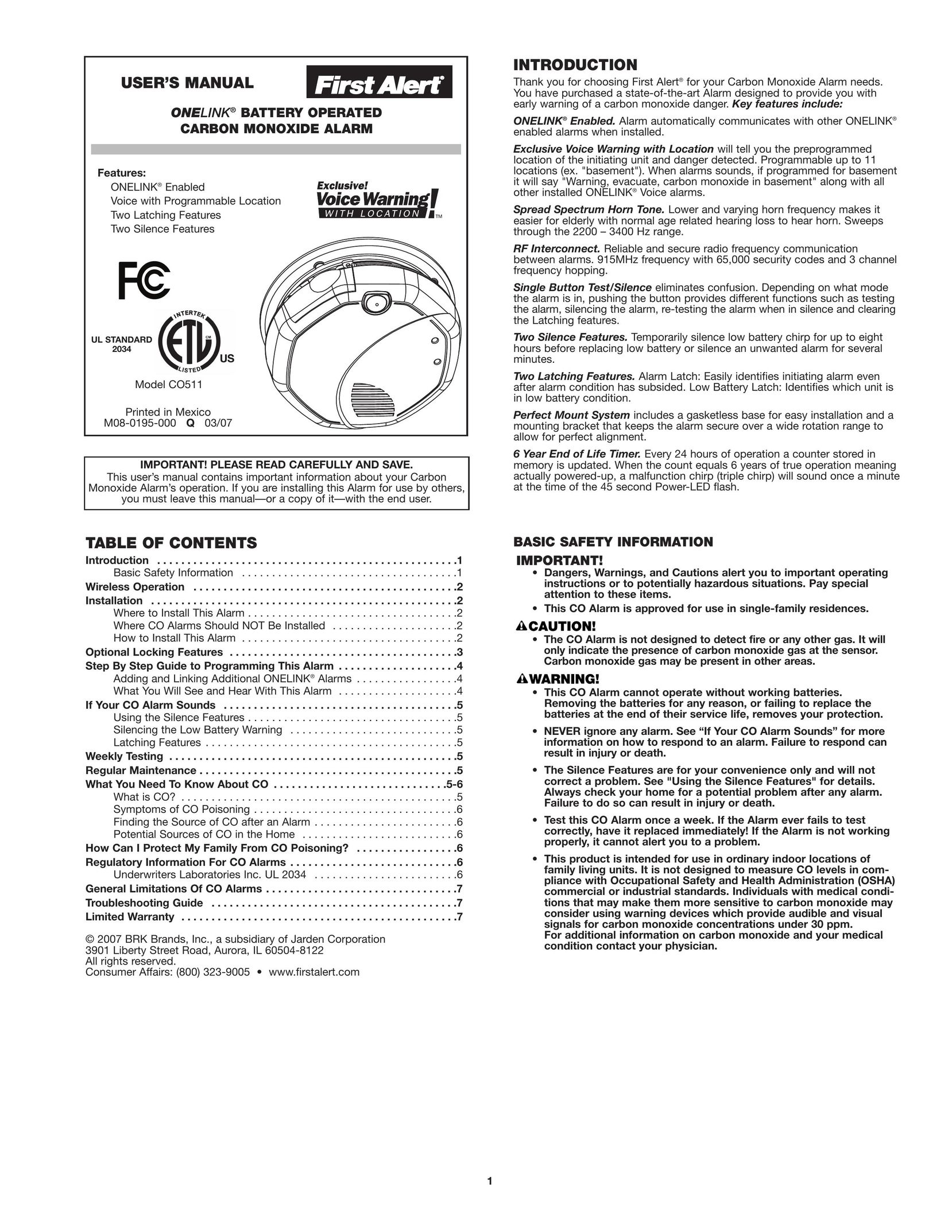 First Alert CO511CN Carbon Monoxide Alarm User Manual