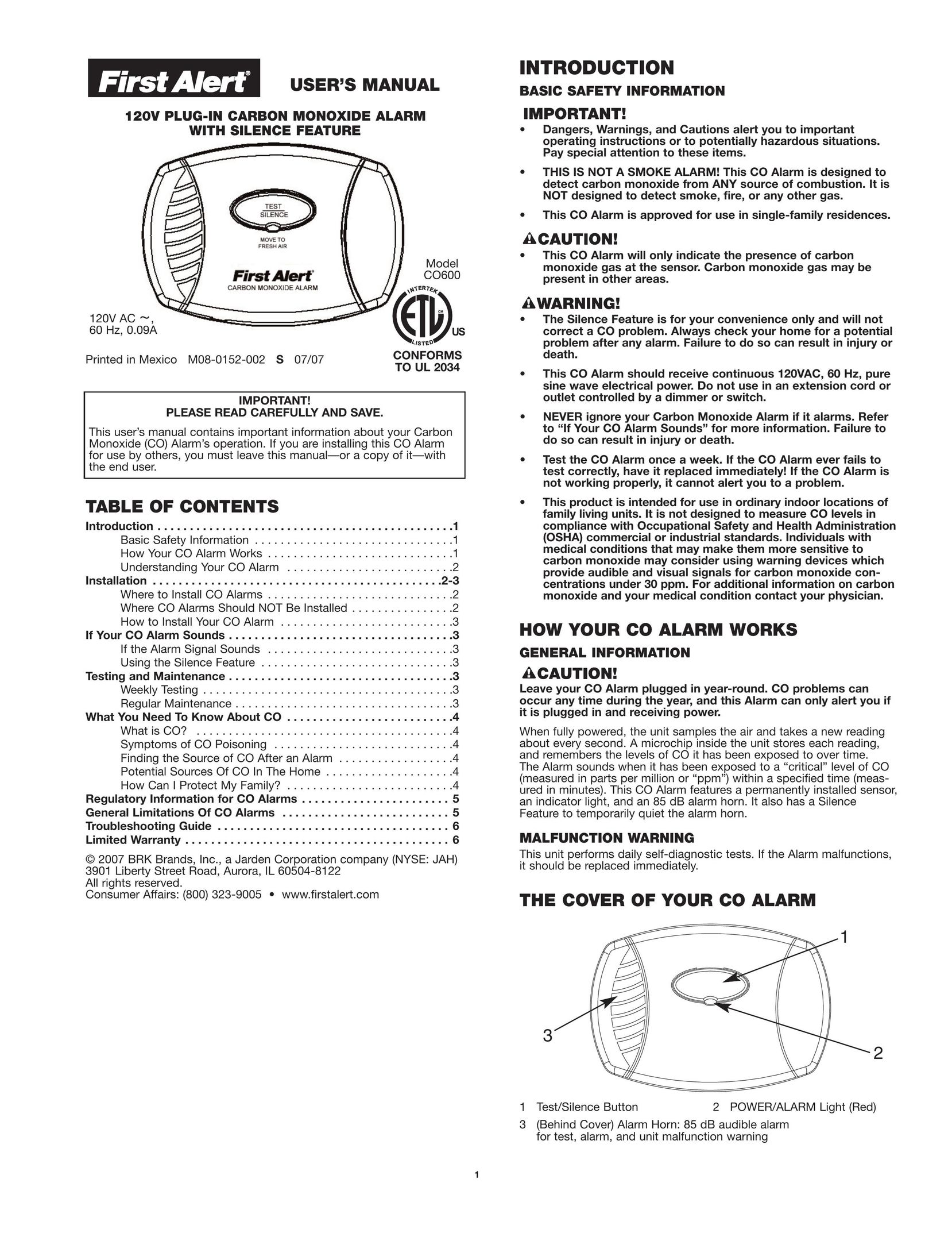 First Alert CO600 Carbon Monoxide Alarm User Manual