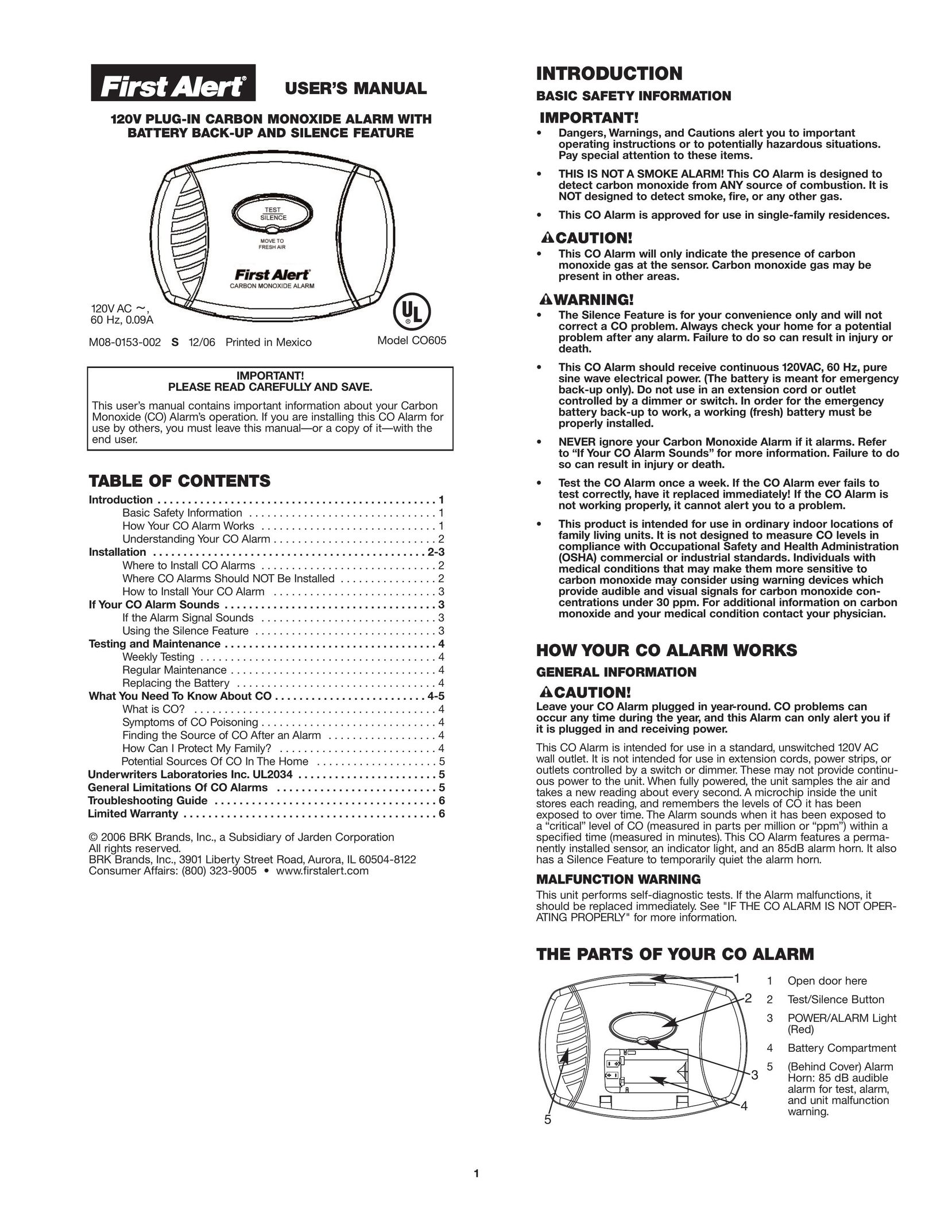 First Alert CO605 Carbon Monoxide Alarm User Manual