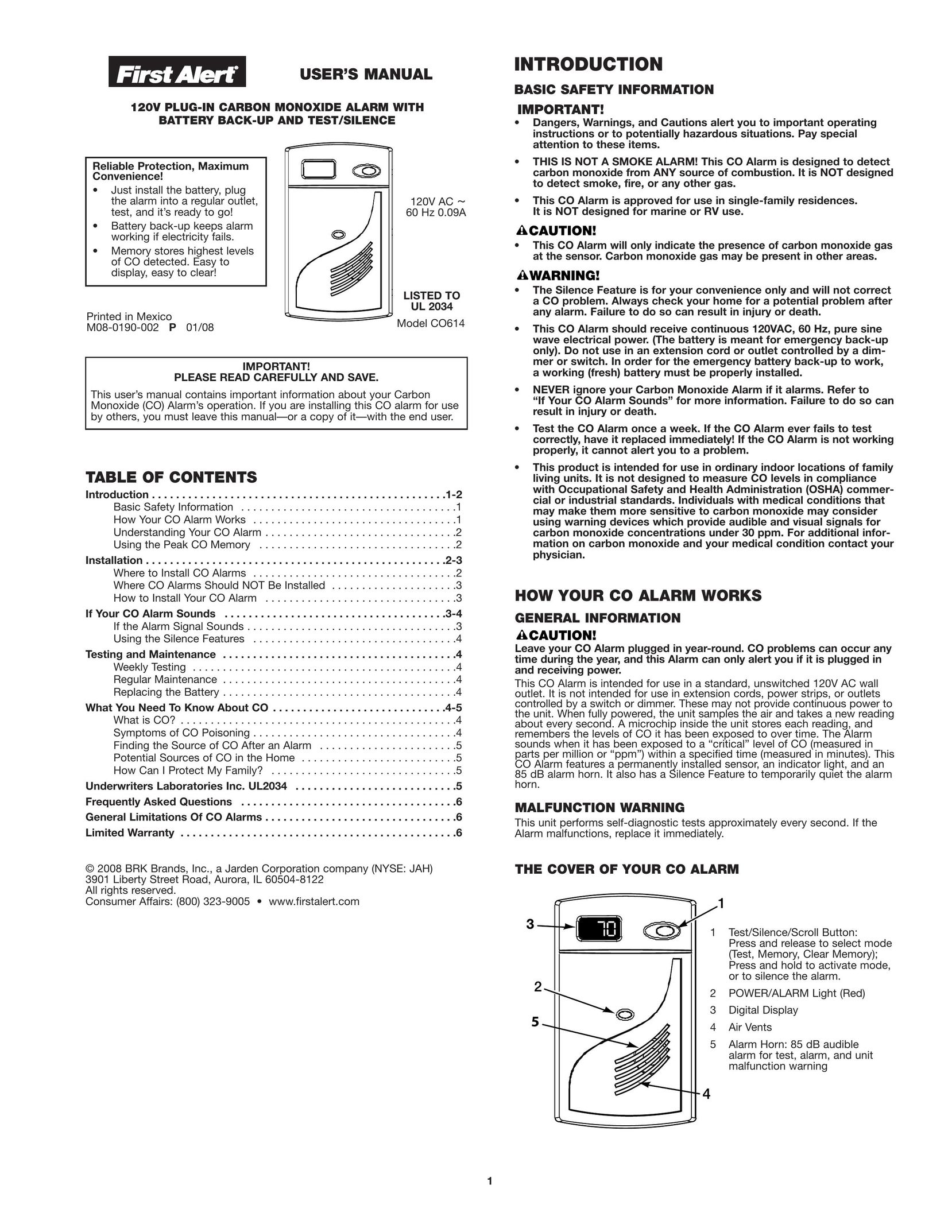 First Alert co614 Carbon Monoxide Alarm User Manual
