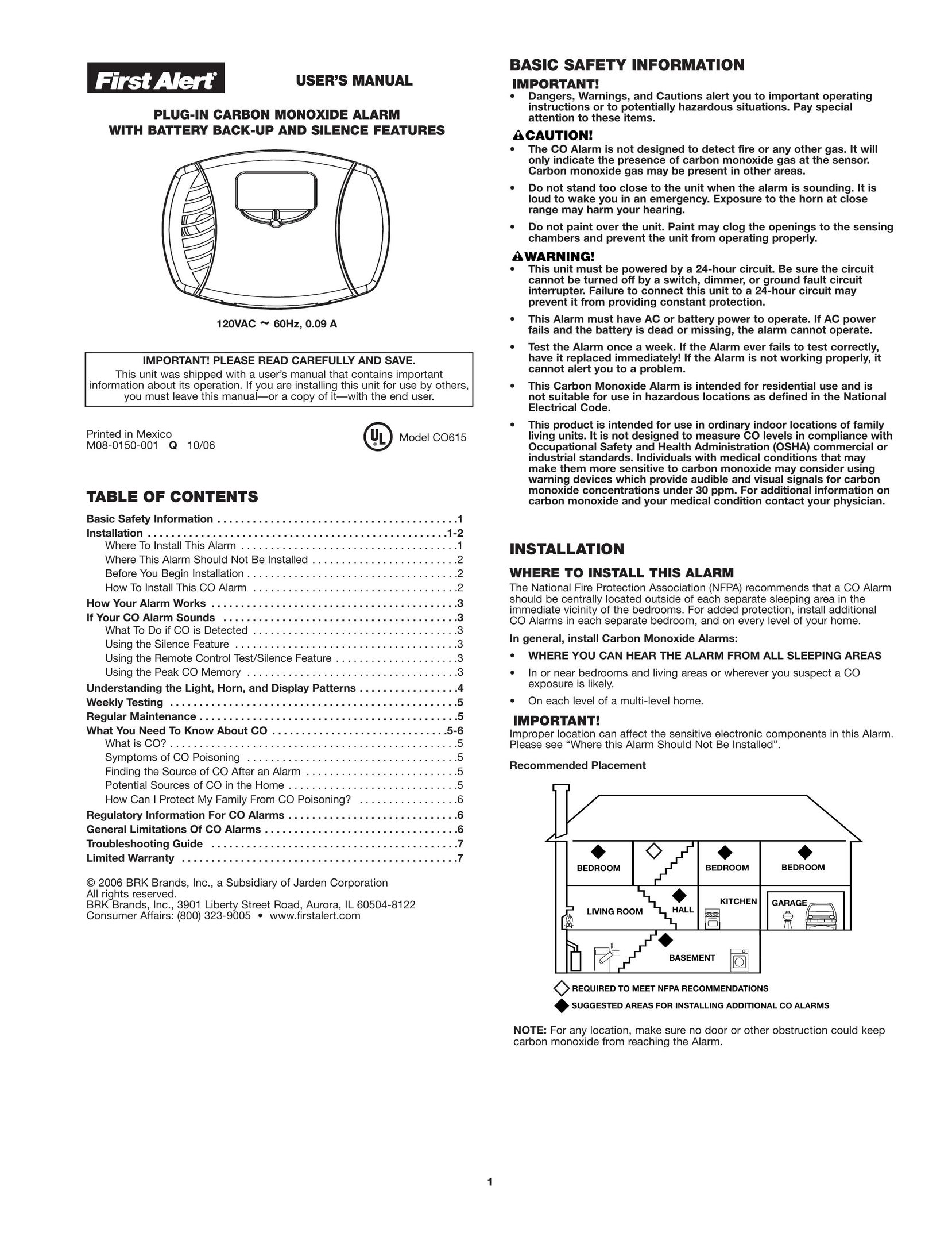 First Alert CO615 Carbon Monoxide Alarm User Manual