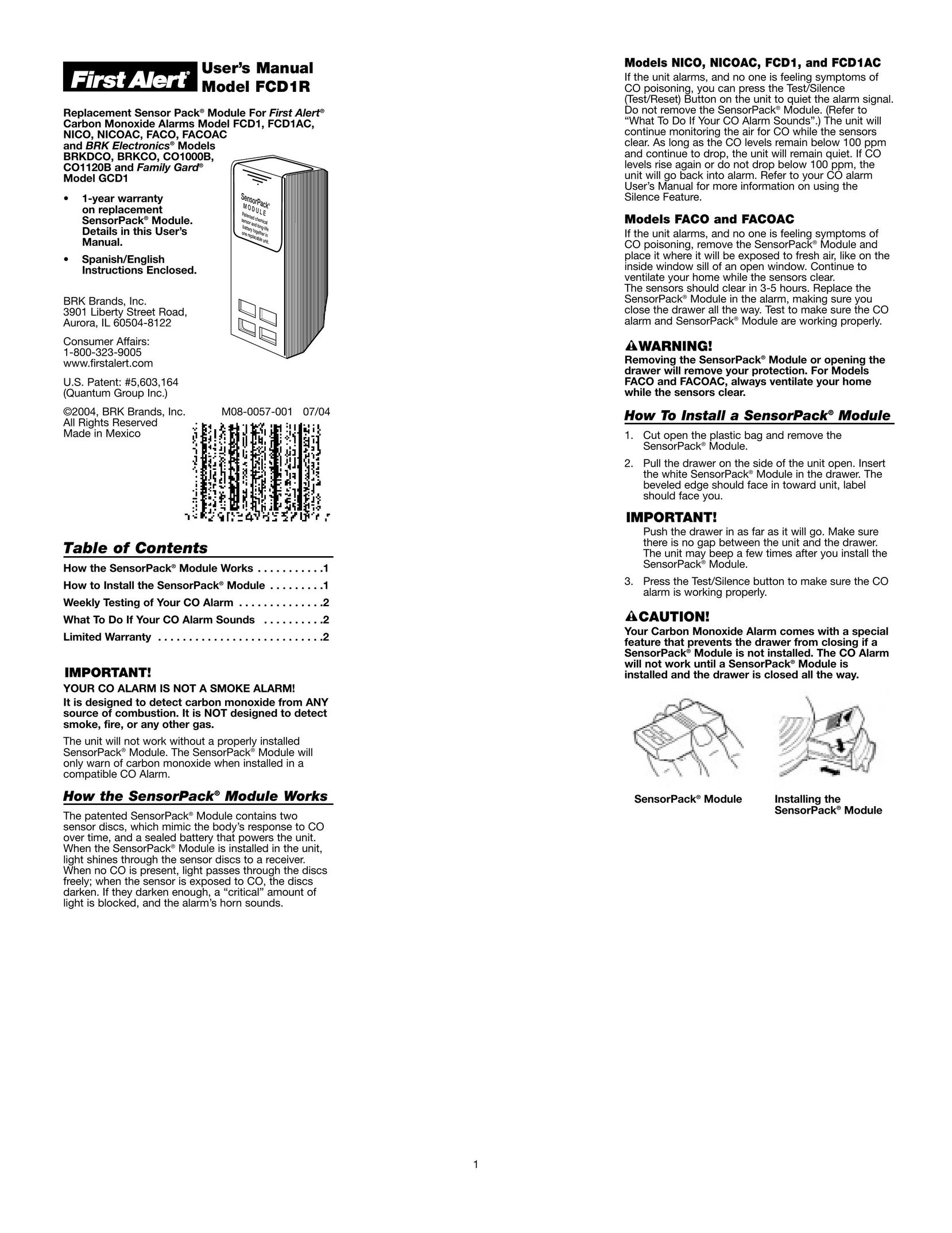 First Alert FCD1R Carbon Monoxide Alarm User Manual